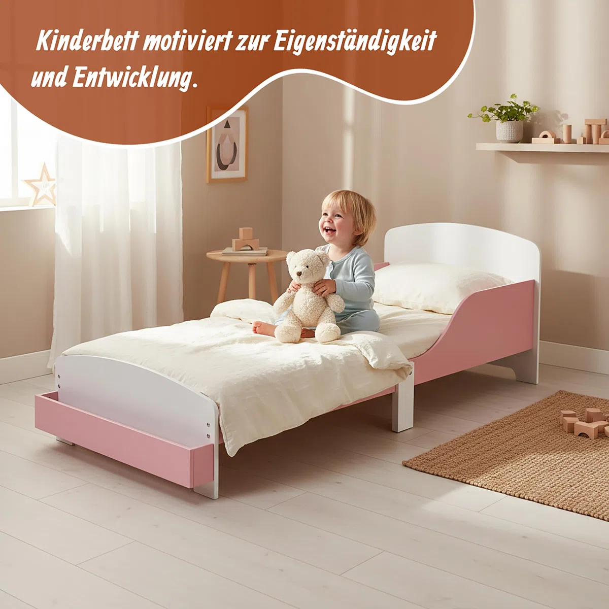 Relaxdays Kinderbett, 70x140 cm, Kleinkindbett mit Rausfallschutz, Lattenrost, Ablage, Kinderzimmer Bett, MDF, rosa/weiß