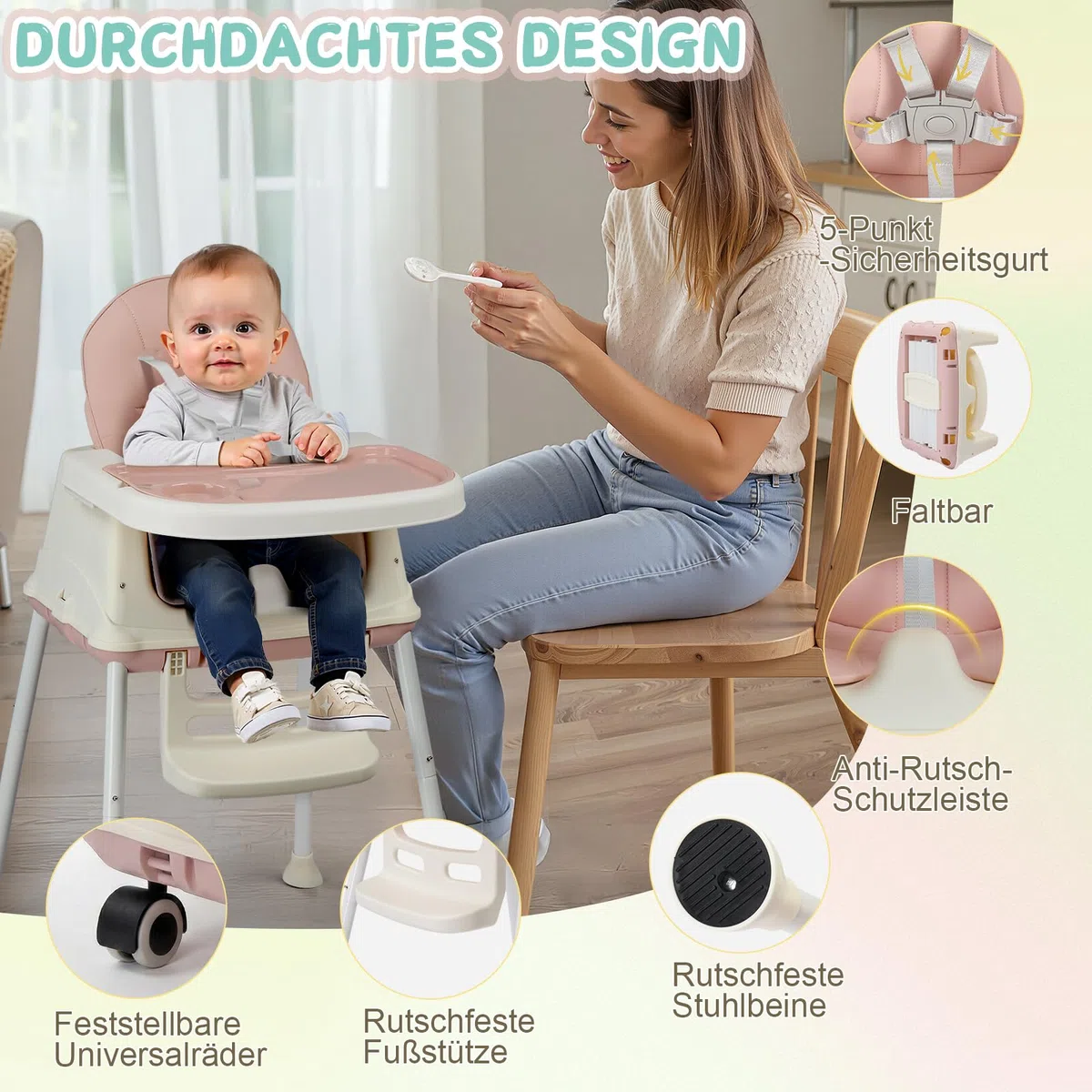 LEADZM 4 in 1 Babyhochstuhl, Umbaubar zum Laufrad und Lauflernwagen, Hochstuhl Baby mit Abnehmbares Doppeltablett und Universalrädern, Mitwachsend ab 0-36 Monate Babystuhl (Rosa)