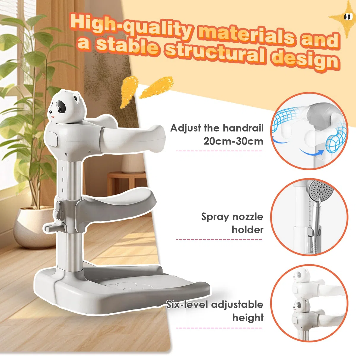 ALLUMK Höhenverstellbare Baby Badehilfe mit süßem Panda Design, Anti-Rutsch-Basis, ergonomischer Badeständer für sicheres stehendes Baden von Kleinkindern