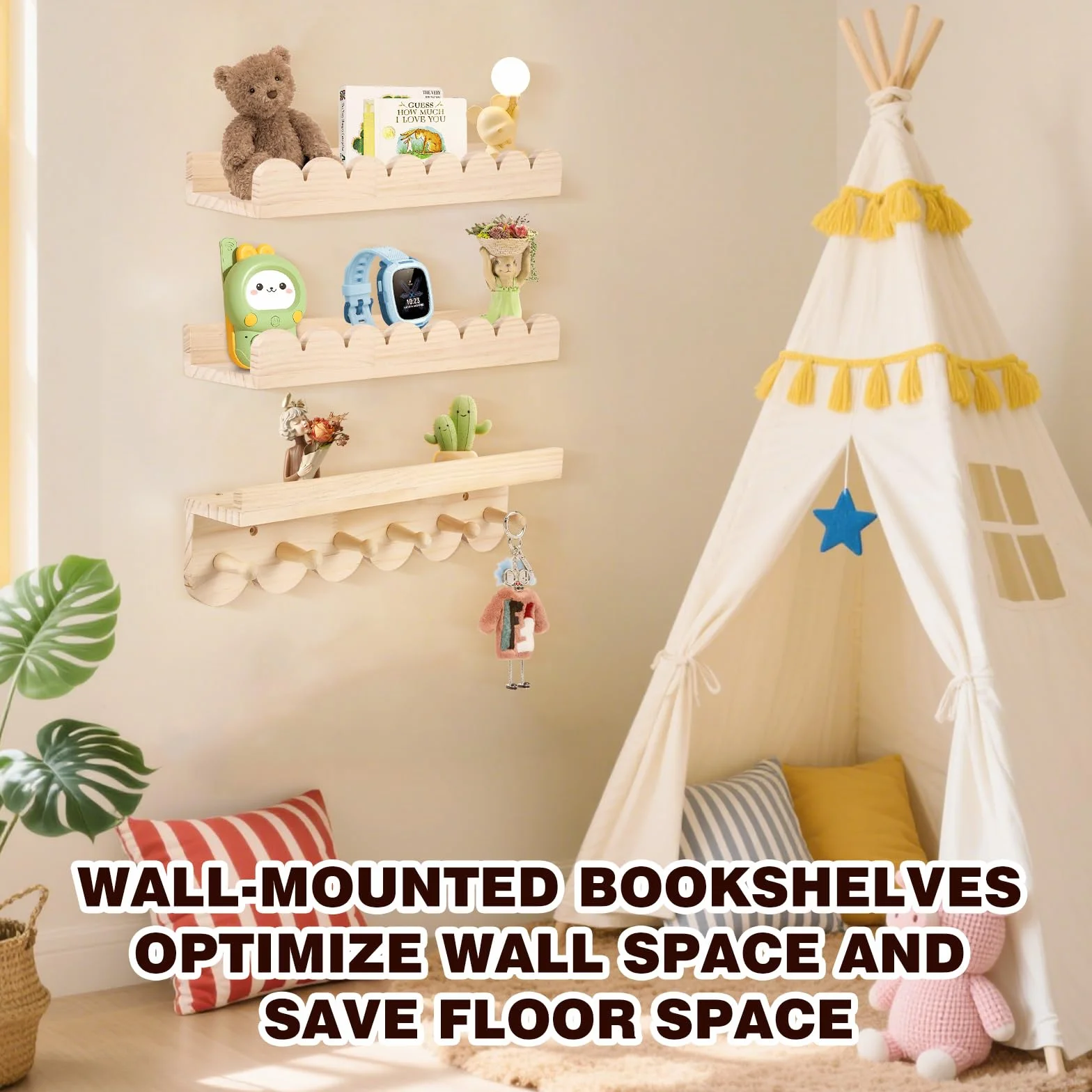 3er Set Bücherregal Kinder Wand, Wandregal Kinderzimmer 40cm, Holz Wandregal Bücher Schweberegale mit Holzhaken für Spielzimmer Schlafzimmer Wohnzimmer,Montessori Regal
