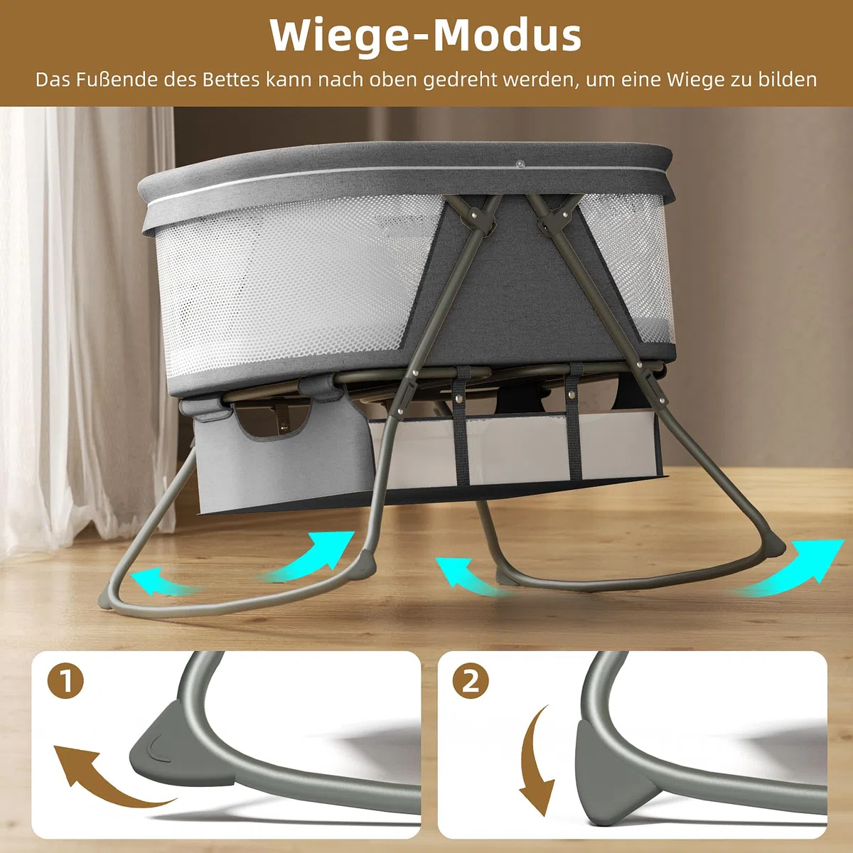 XJD Baby Beistellbett, 2 in 1 Babybett klappbar, Stubenwagen mit Aufbewahrungskorb, Reisebett mit weich Matratze, Transporttasche, Moskitonetz, Babywiege für 0-6 Monate, von Geburt bis 10 kg, Grau