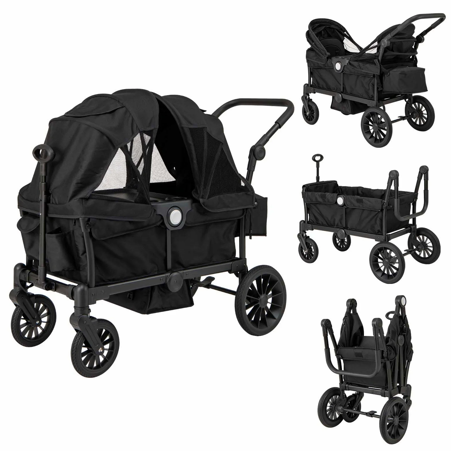 DREAMADE Kinderwagen für 2 Kinder, faltbar Bollerwagen mit Sonnendach, Zwillingskinderwagen mit verstellbaren Griffen, Sicherheitsgurt & Stauraumtaschen, Reisebuggy für Baby ab 6 Monaten (Schwarz)