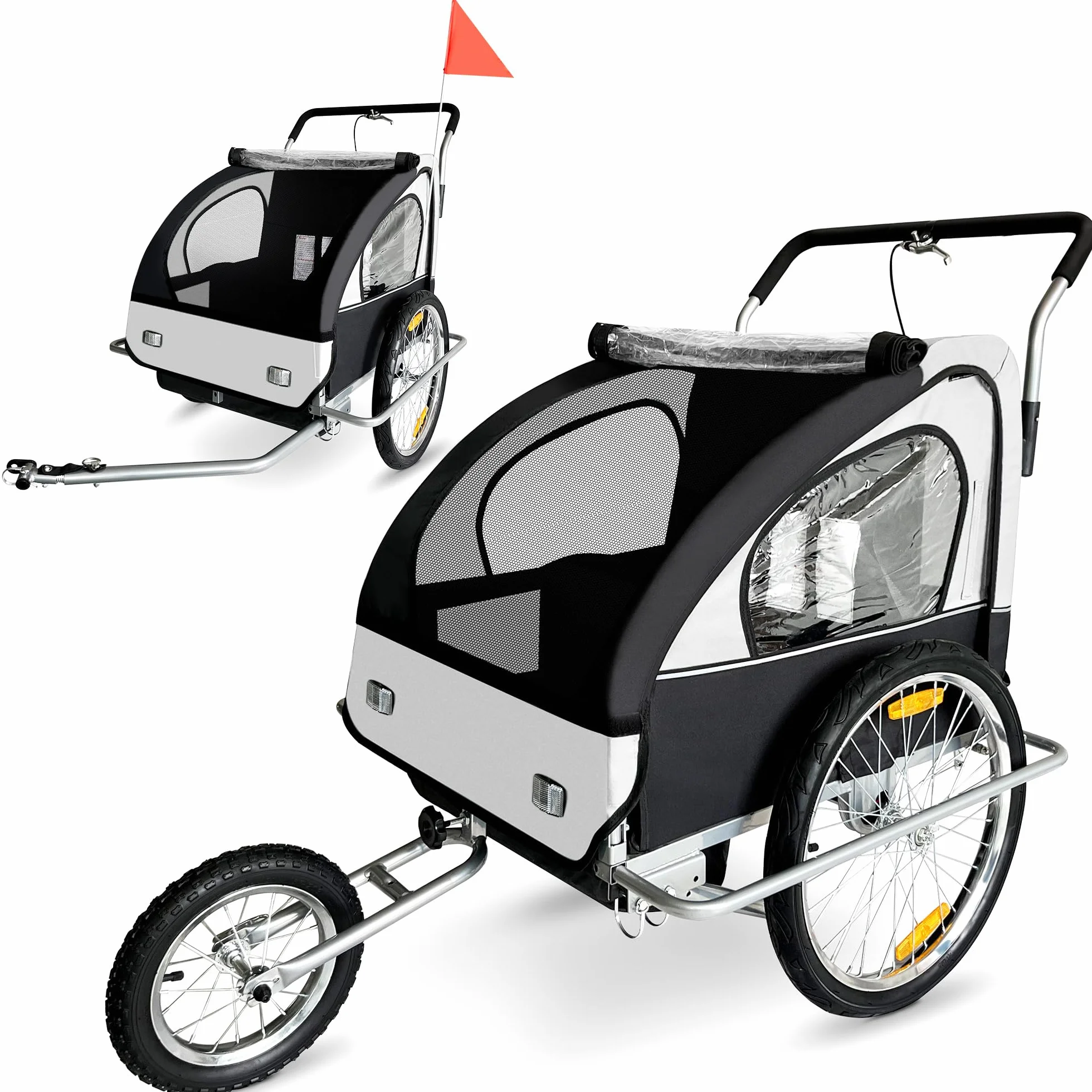 SAMAX Fahrradanhänger Jogger 2in1 Kinderanhänger Kinderfahrradanhänger Transportwagen vollgefederte Hinterachse für 2 Kinder in Weiß/Schwarz - Silver Frame