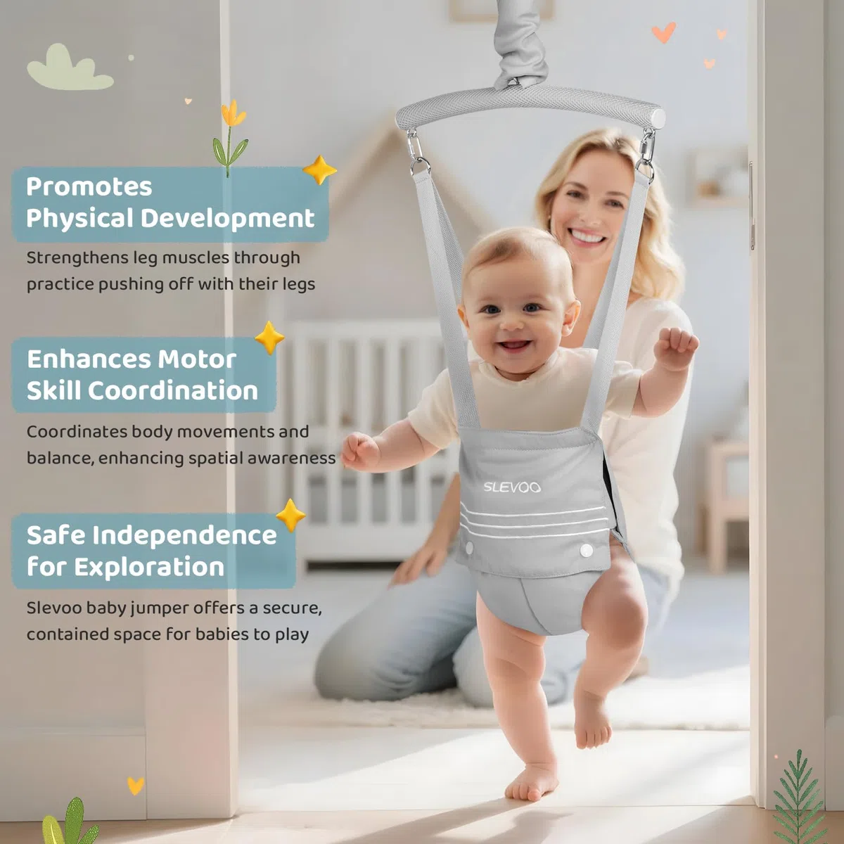 Slevoo Baby Jumper, BabyTürhopser für Babys von 6–24 Monaten, Baby-Türwippe mit einfach zu verwendender Klemme und verstellbarem Gurt, Tragfähigkeit 18 kg(Grau)