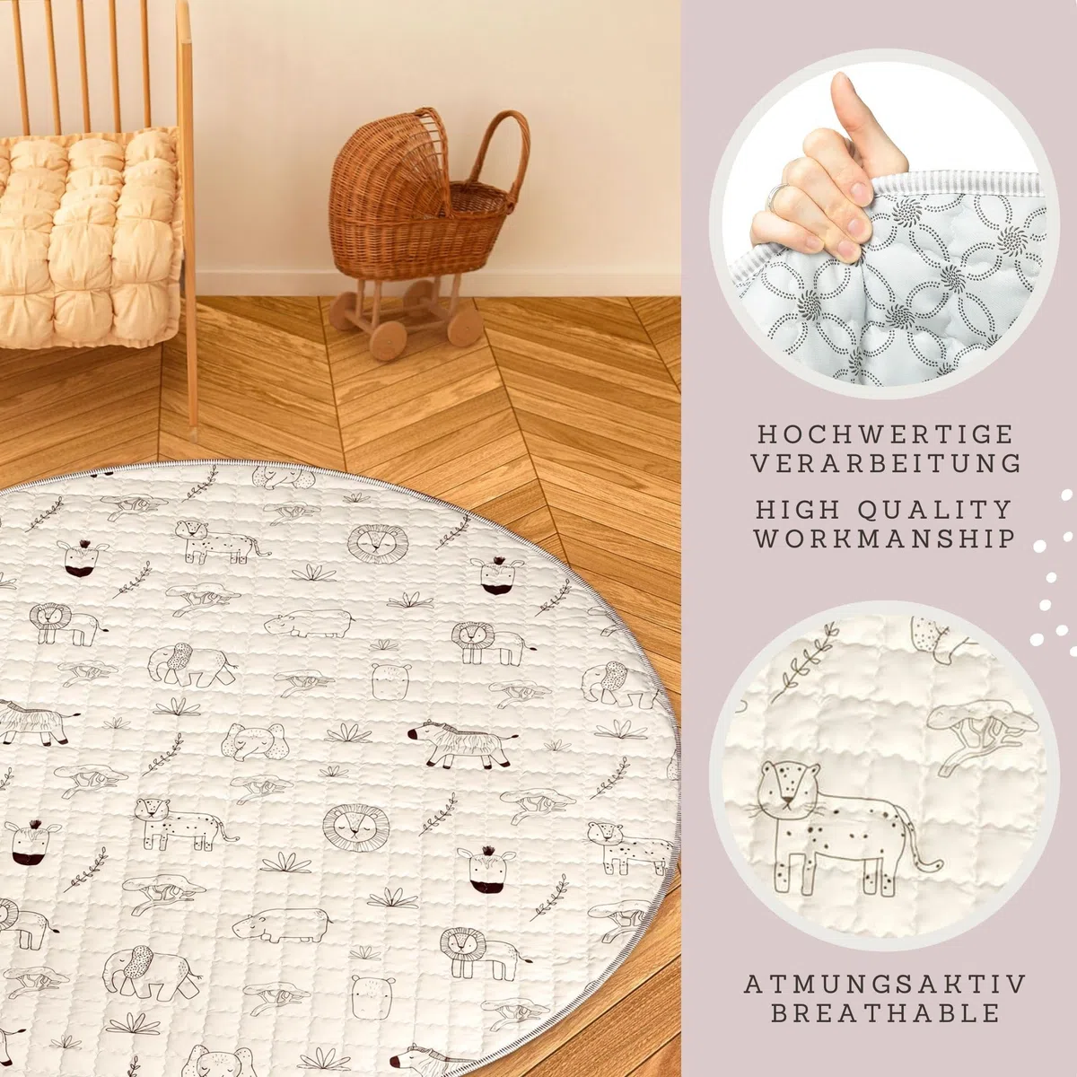 Gesteppte Krabbeldecke Baby 150cm, Safari Tiere– extra dicke 1,5cm weiche Baby Krabbelmatte – Baby Spielmatte mit rutschfester Unterseite zum Krabbeln, Laufgitter – maschinenwaschbare Baby Spieldecke