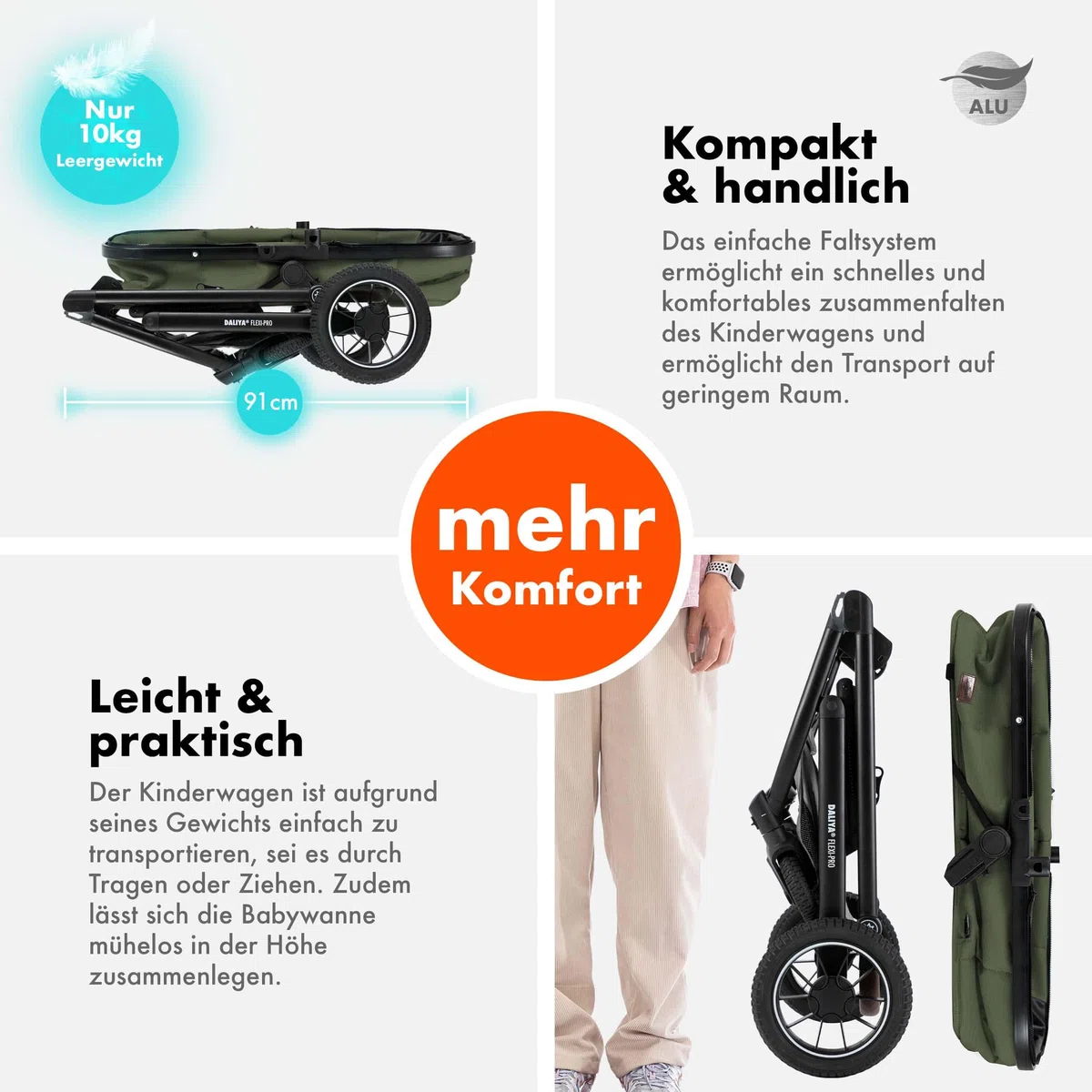 Daliya® FLEXI-PRO M 3in1 Kinderwagen & Buggy mit i-Size Babyschale, Viel Zubehör (Olivgrün)