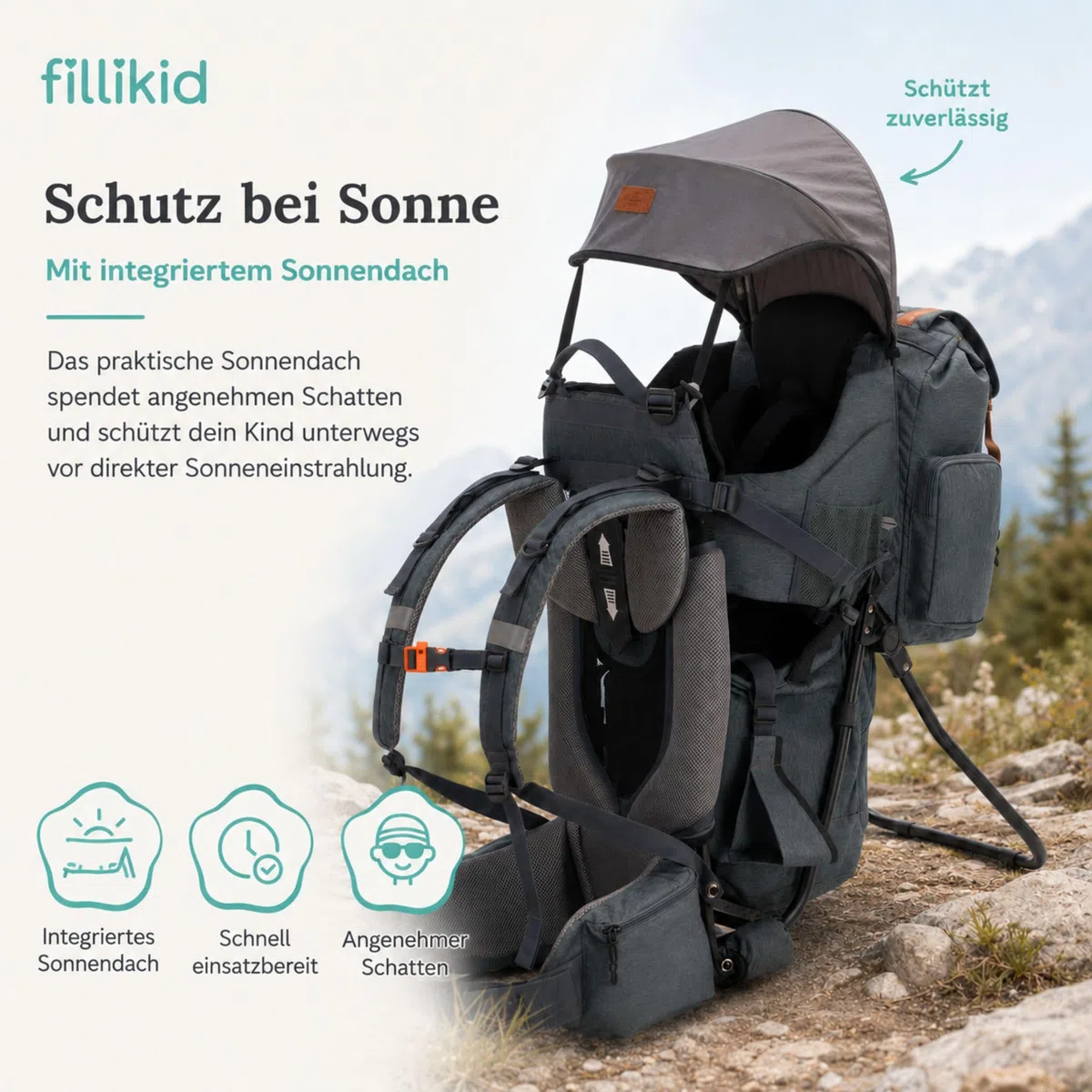Fillikid Premium Babytrage Rückentrage Baby | Rücken Babytrage mit Sonnendach & großen Staufächern | Kraxe zum Wandern mit Baby Kleinkind | Tragesitz bis 20 kg | Kindertrage Ultra leicht