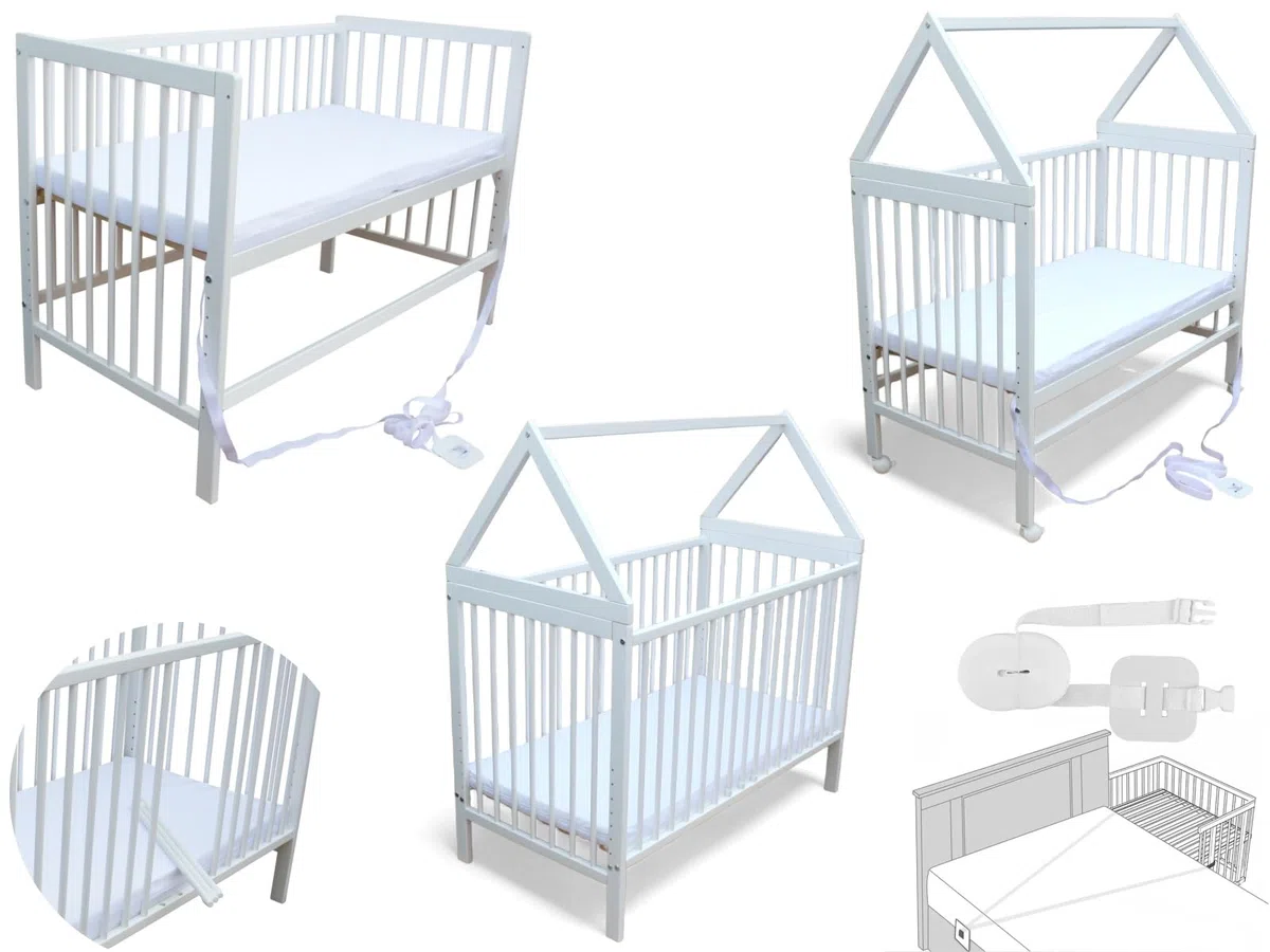Micoland Kinderbett - Beistellbett - Babybett 120x60 cm umbaubares Bett mit Gurt, Rädern und optional Matratze (Haus mit Matratze Weiss)