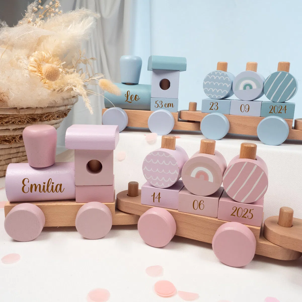 personalisierte Geschenke Baby Holz Eisenbahn REGENBOGEN als Babygeschenk zur Geburt Junge + Mädchen Holz Zug mit Name und Datum personalisierbar mit Gravur