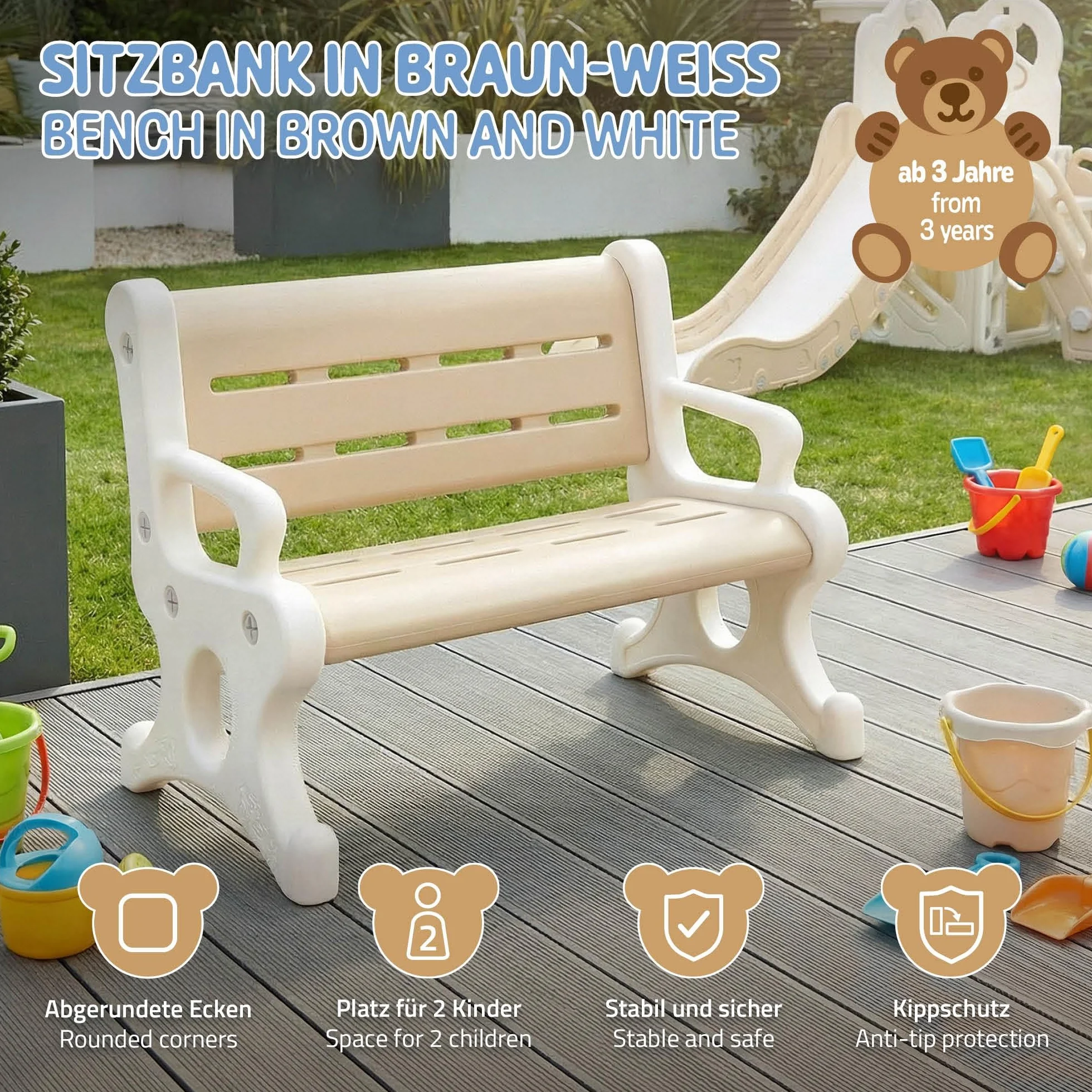 Joyz Kindersitzbank Outdoor aus Kunststoff, Sitzbank für Kinder ab 3 Jahre, Braun-Weiß, Kinderbank wetterfest mit Armlehnen, Kippschutz & Stecksystem, Kleine Bank mit 2 Sitzplätze, 81,5x59,5x48 cm