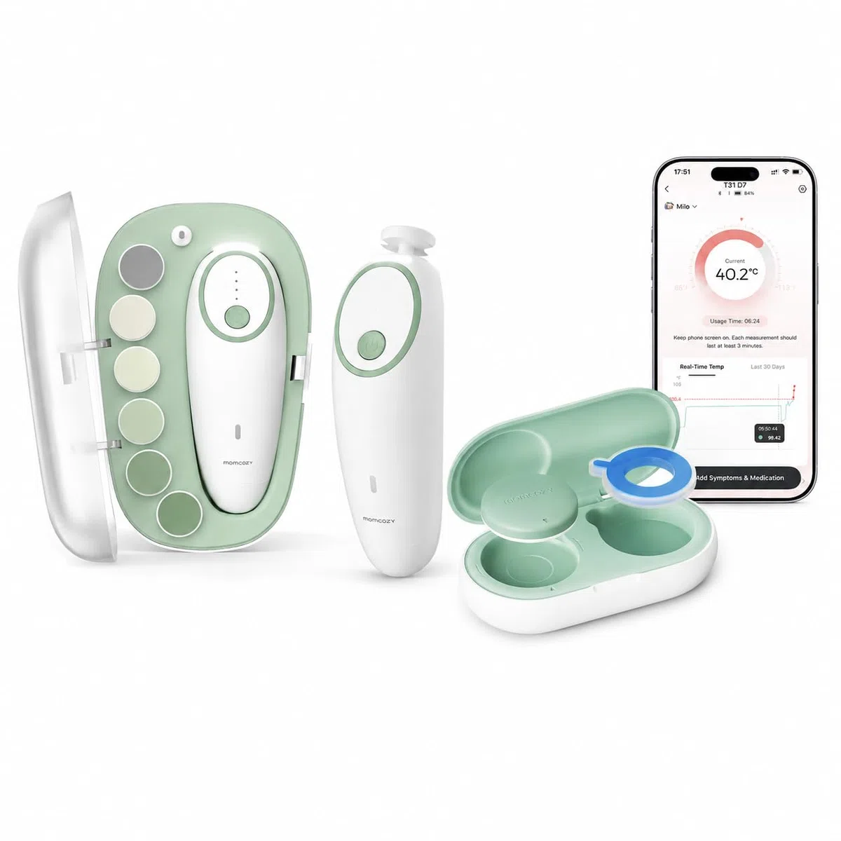Momcozy Baby Nagelfeile Elektrisch, Sanfter Baby Nageltrimmer Elektrisch Wiederaufladbar&Momcozy Fieberthermometer Baby, Digitales Smartes Baby Thermometer mit App