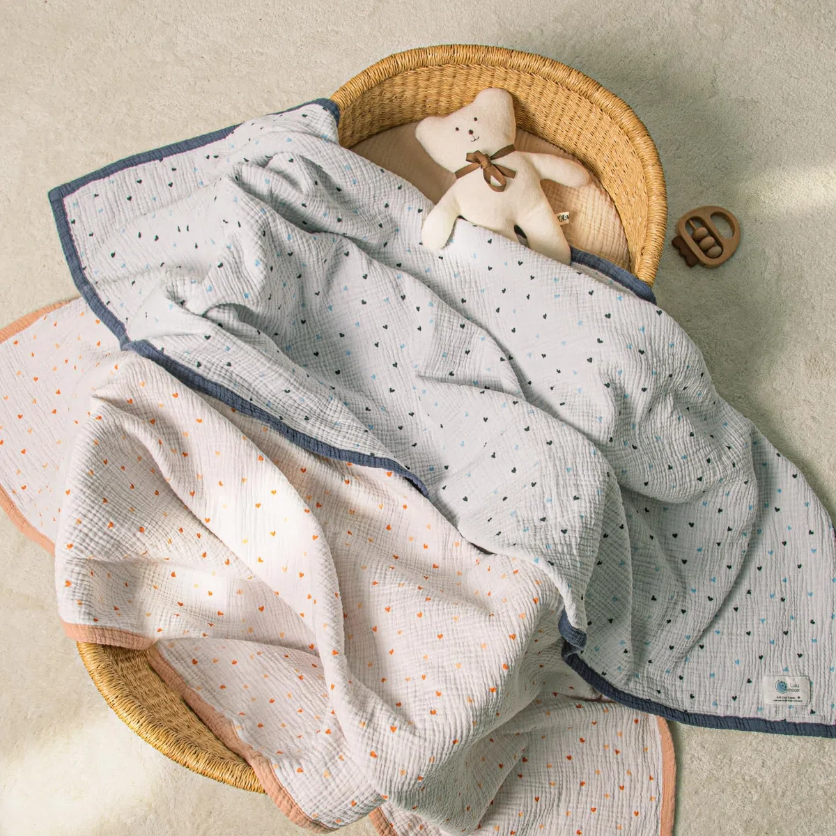 lulumoon Musselin-Babydecke – Baumwoll-Steppdecken für Kleinkinder – wendbare Kinderbettdecke für Babys, Jungen und Mädchen, 120 x 120 cm (Pfirsich Pink)