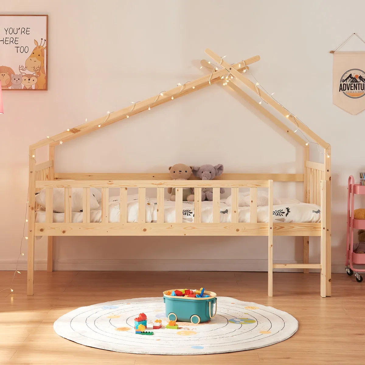 [en.casa] Kinderbett Sotkamo Hausbett 90 x 200 cm Holzbett für Kinder mit Rausfallschutz und Leiter Bettgestell aus Kiefernholz Natur