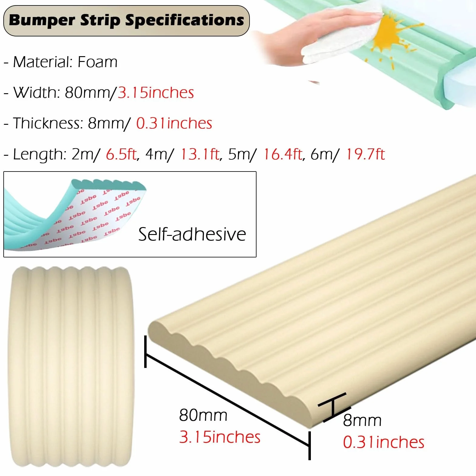 sdneNest Eckenschutz, Tischkantenschutz, Couchtisch, Möbel, Wand, Eck-Schaumstoff, Klebeband, mit Klebstoff, Breite 7,6 cm, Dicke 80 mm, Breite 5 m