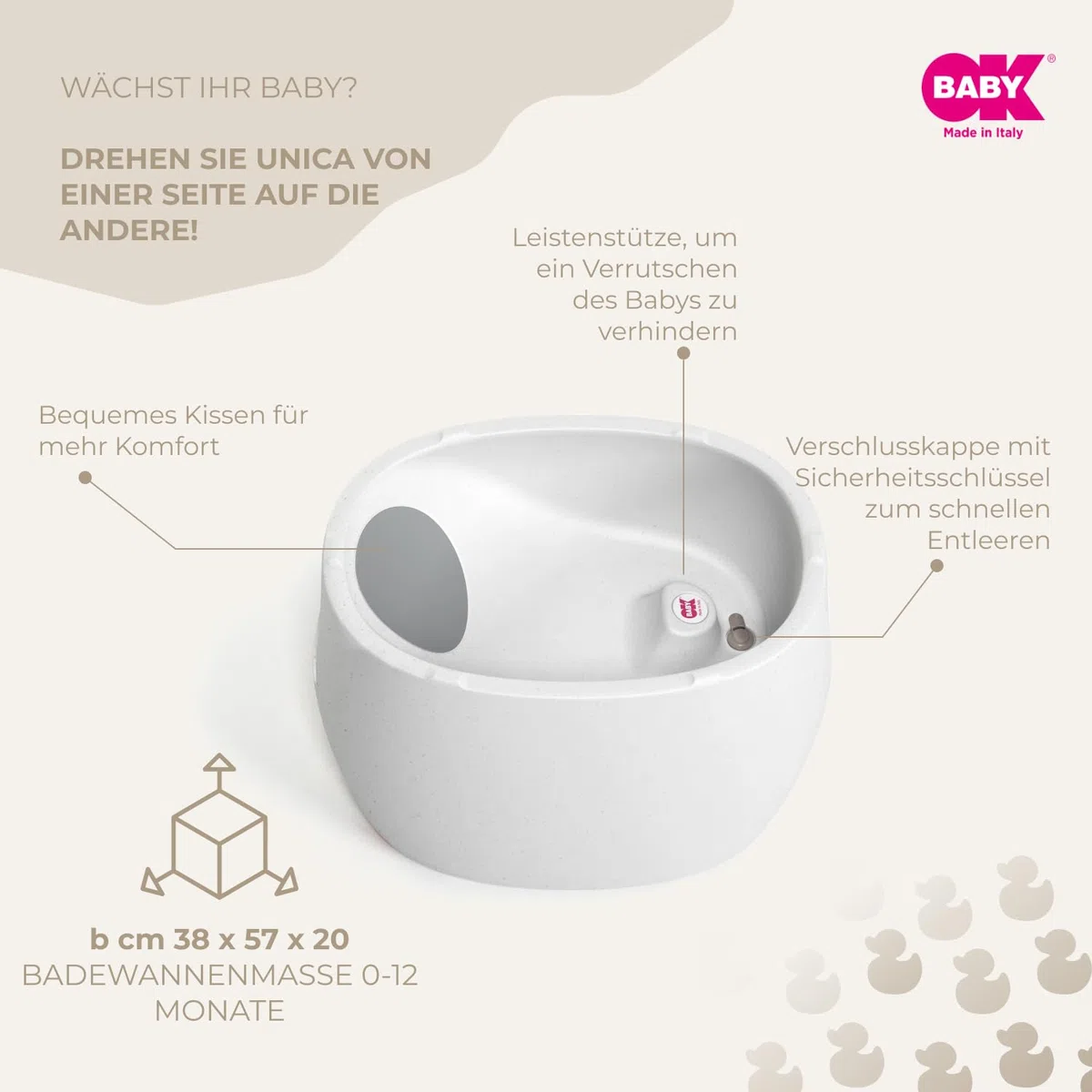 OKBABY Unica – Badewanne 0 – 4 Jahre mit doppeltem Verwendungszweck, eingebautem Thermometer und ergonomischer Unterstützung – Badewanne und Mini-Pool für Kinder – Granit
