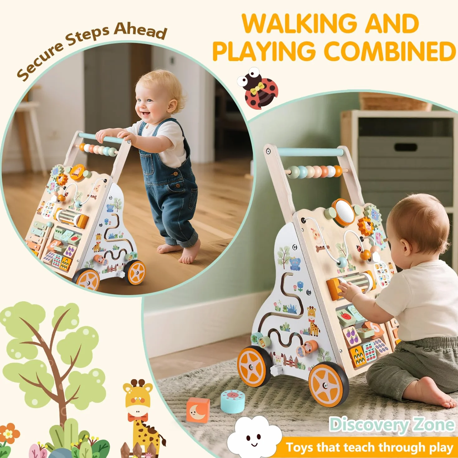 Weilim Baby Lauflernwagen Holz, Montessori Lauflernhilfe ab 12 Monaten | Sensorik-Spielzeug 10 Aktivitäten, Geschwindigkeit & Höhe verstellbar, Xylophon Labyrinth Perlen Spiegel, Jungen & Mädchen