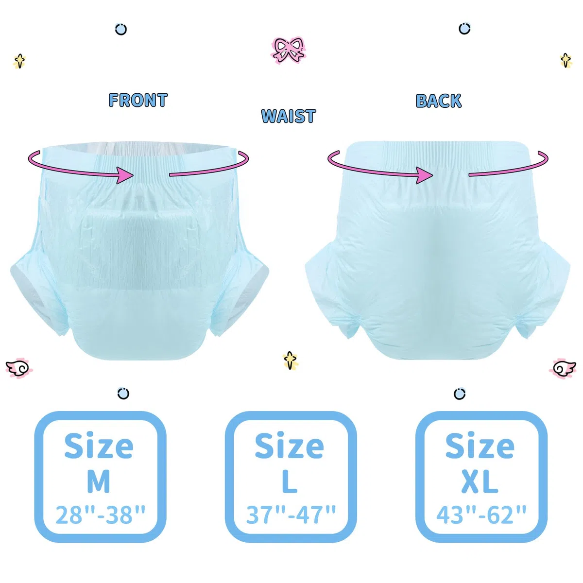 CutiePlusU Windeln für Erwachsene 10 Stück Einweg-Inkontinenz-Slips mit Schlaufen für Damen und Herren, Maximale Saugfähigkeit über Nacht – Blau (Mittel 28"-38")