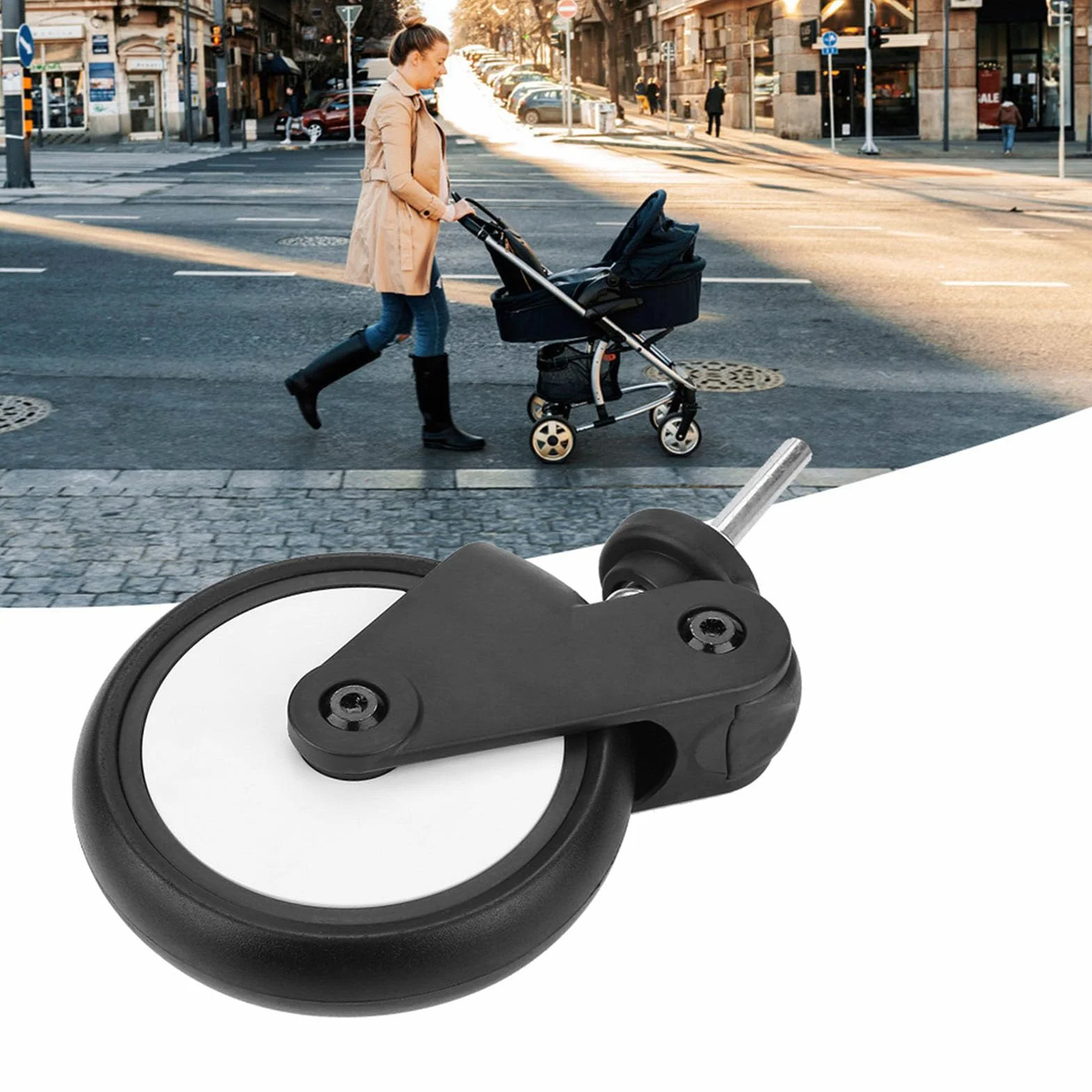 Universal Kinderwagen Räder Ersatz, 13 Cm Raddurchmesser Gummiräder-Zubehör für Kinderwagen Einfache Installation mit 360-Grad-Drehung (Ein Paar Vorderräder)