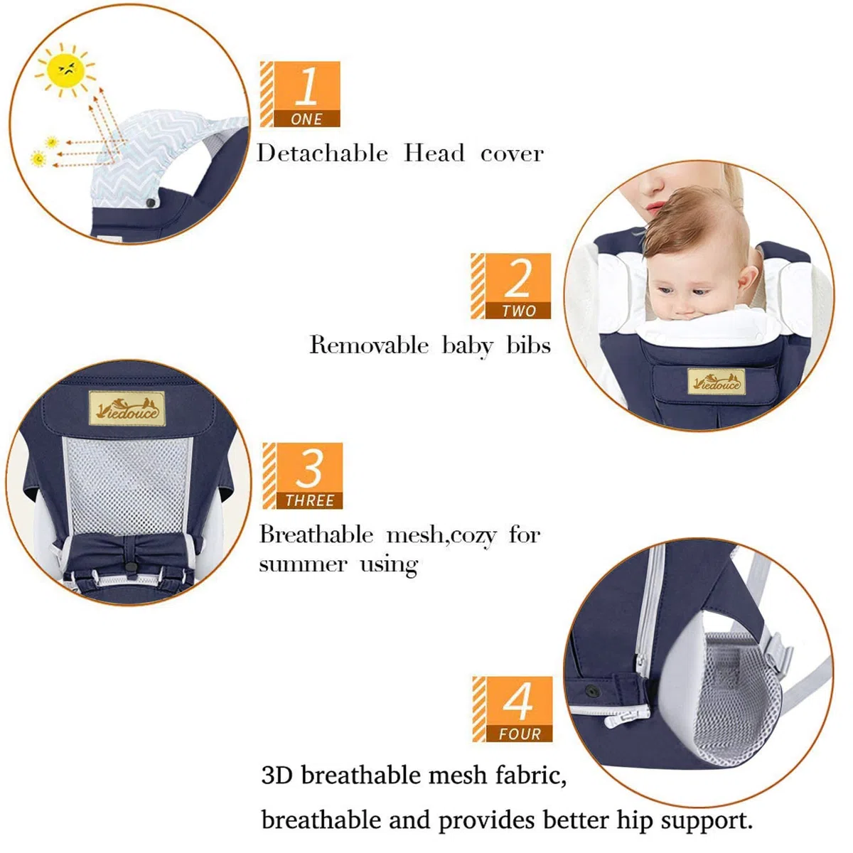 Viedouce Babytrage Ergonomische mit Hüftsitz/Reine Baumwolle Leicht und atmungsaktiv/Multiposition:Dorsal, Ventral, Einstellbar für Neugeborene und Kleinkinder von 3-48 Monate (3,5 bis 20 kg)