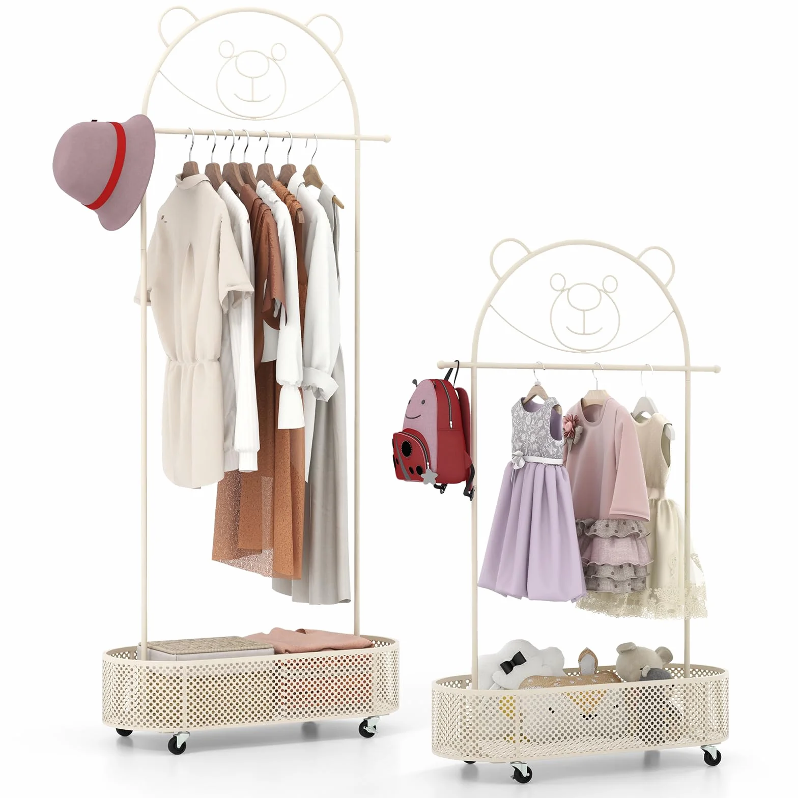DREAMADE Kinder Kleiderständer mit Ablage & Kleiderstange, freistehender Kinder Kleiderstange auf Rollen, Höhenverstellbare Kindergarderobe aus Metall für Kinderzimmer Rosa (Weiß)