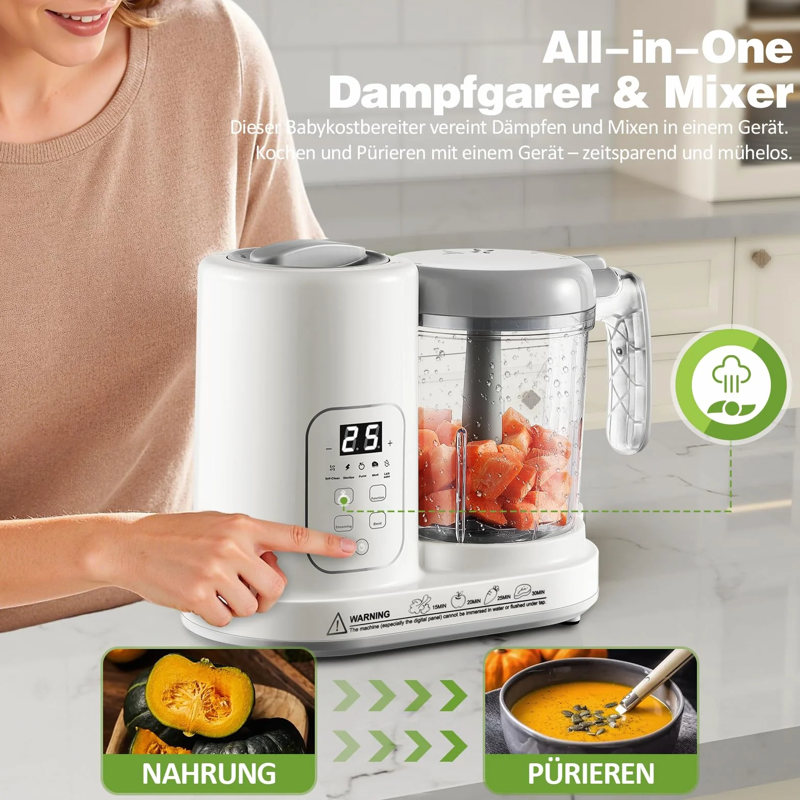 TopStrong Babynahrungszubereiter, Baby Food Maker Dampfgarer mit Dämpfen, Mixen, Auftauen & Erwärmen, Multifunktions Babybrei Zubereiter mit Selbstreinigungsfunktion, Küchenmaschine für Babynahrung