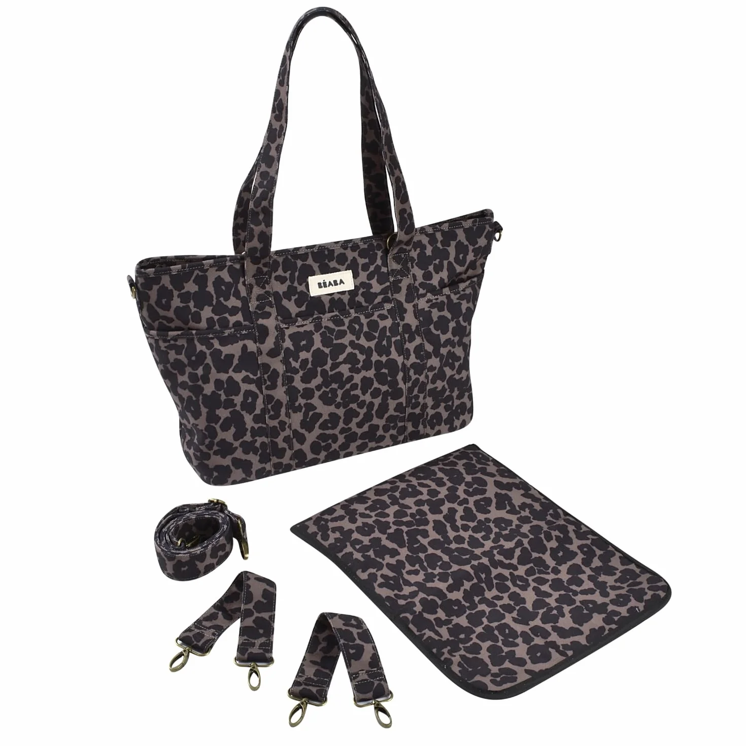 Béaba Wickeltasche Baby Madrid 22L – Wickeltasche im Tote-Format, Unisex für Mama und Papa, 11 Fächer, Isoliertasche, Kinderwagenbefestigung, Gepolsterte Wickelunterlage – Leopard