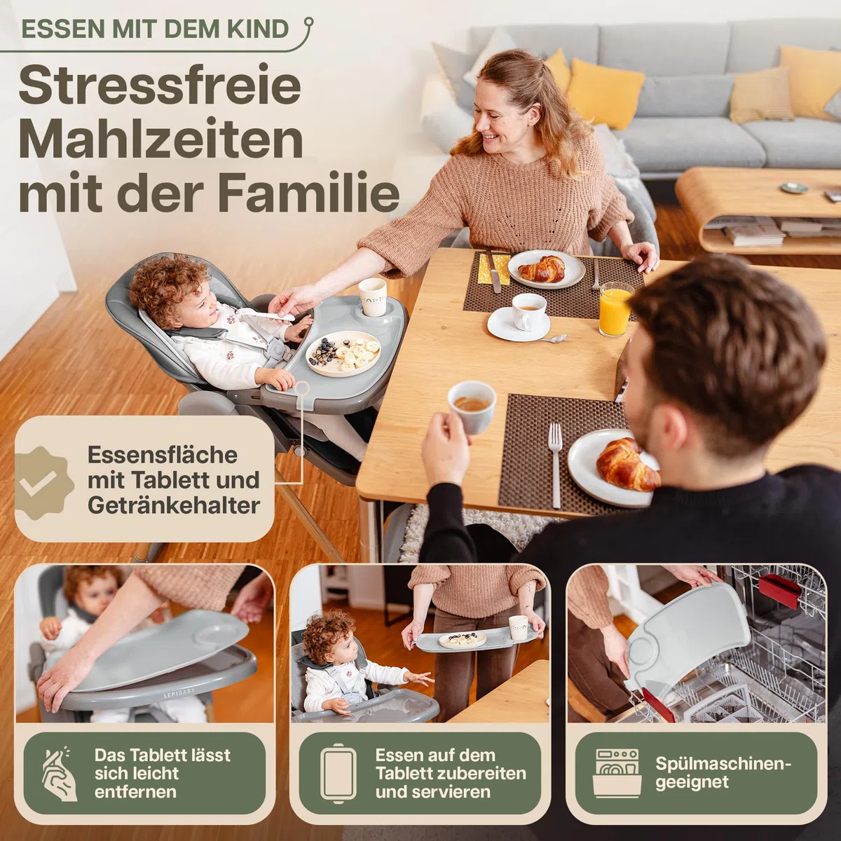 FlexiCo Hochstuhl Baby mit Liegefunktion & Neugeborenenaufsatz, Klappbar & Höhenverstellbar, Grau