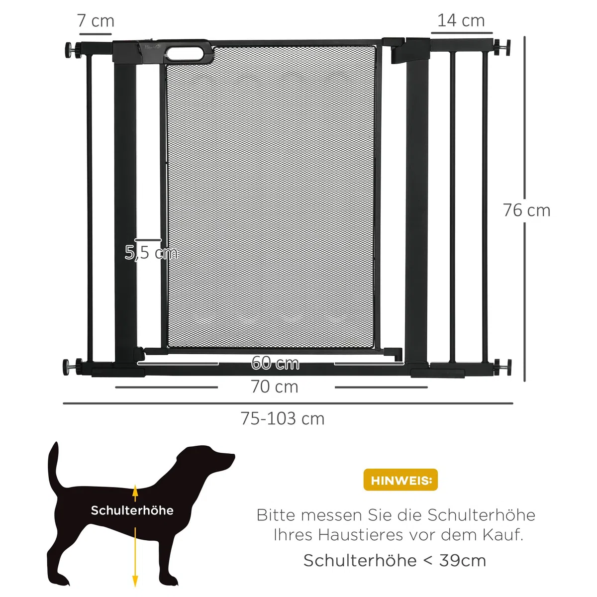 PawHut Türschutzgitter Türgitter ohne Bohren für Breiten 75-103 cm Schwarz | Treppenschutzgitter, Treppengitter, Stahl