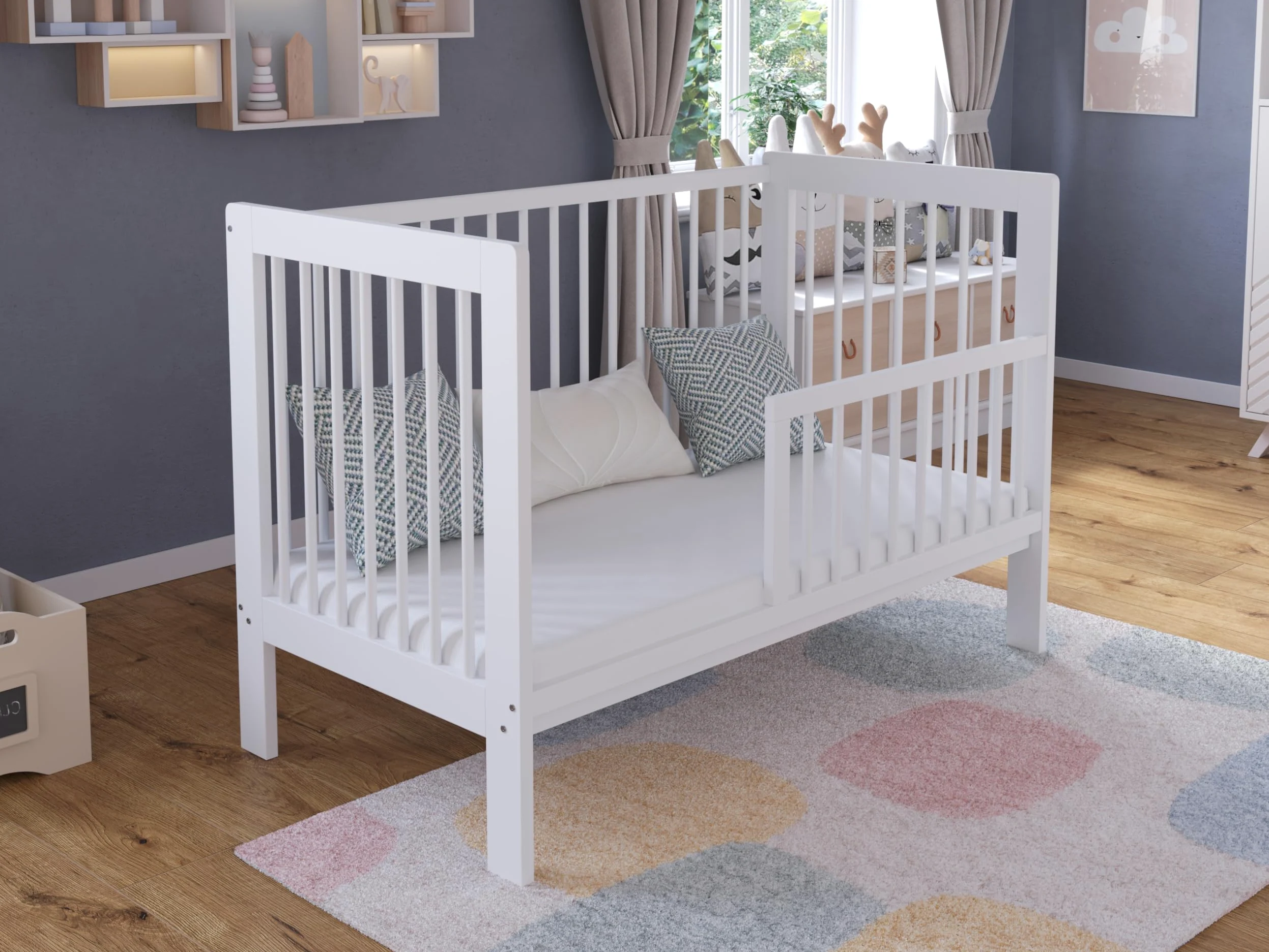 Love For Sleep Babybett Beistellbett 120x60cm mit Sicherheitsbarriere Umwandelbar Weiß NOVA Kinderbett Baby Bett Holz - Kinderbett Babybett, Mitwachsend Gitterbett Baby Bed