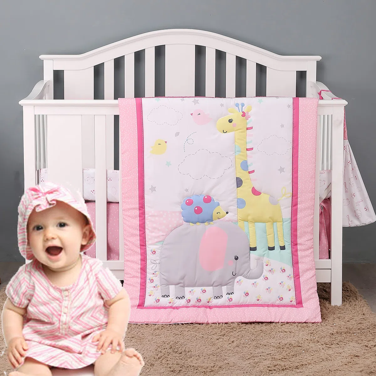 Brandream Babybettwäsche-Set für Mädchen, Jungen, Elefant, Kinderzimmer-Bettwäsche mit Bettdecke, Spannbetttuch, Bettrock, Windel, stapelbar, Dschungeltiere, Elefant, Giraffe, Vogeldruck, 4-teilig