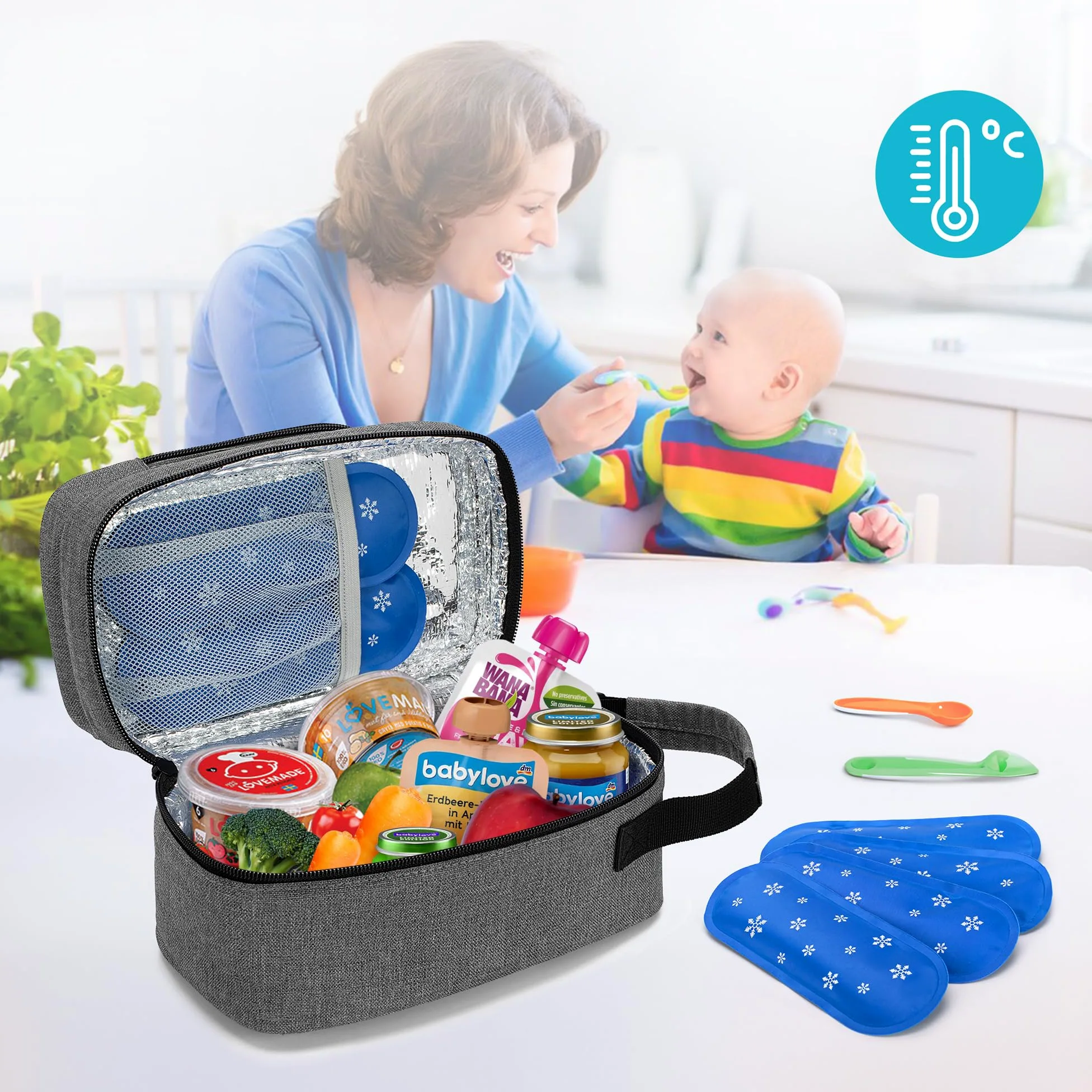 BAFASO Kühltasche für Muttermilch, Isoliert Muttertasche mit 4 Kühlakkus, Brustmilch Aufbewahrung Tasche mit Kühlelement, Reisetasche für Muttermilchbeutel, Grau