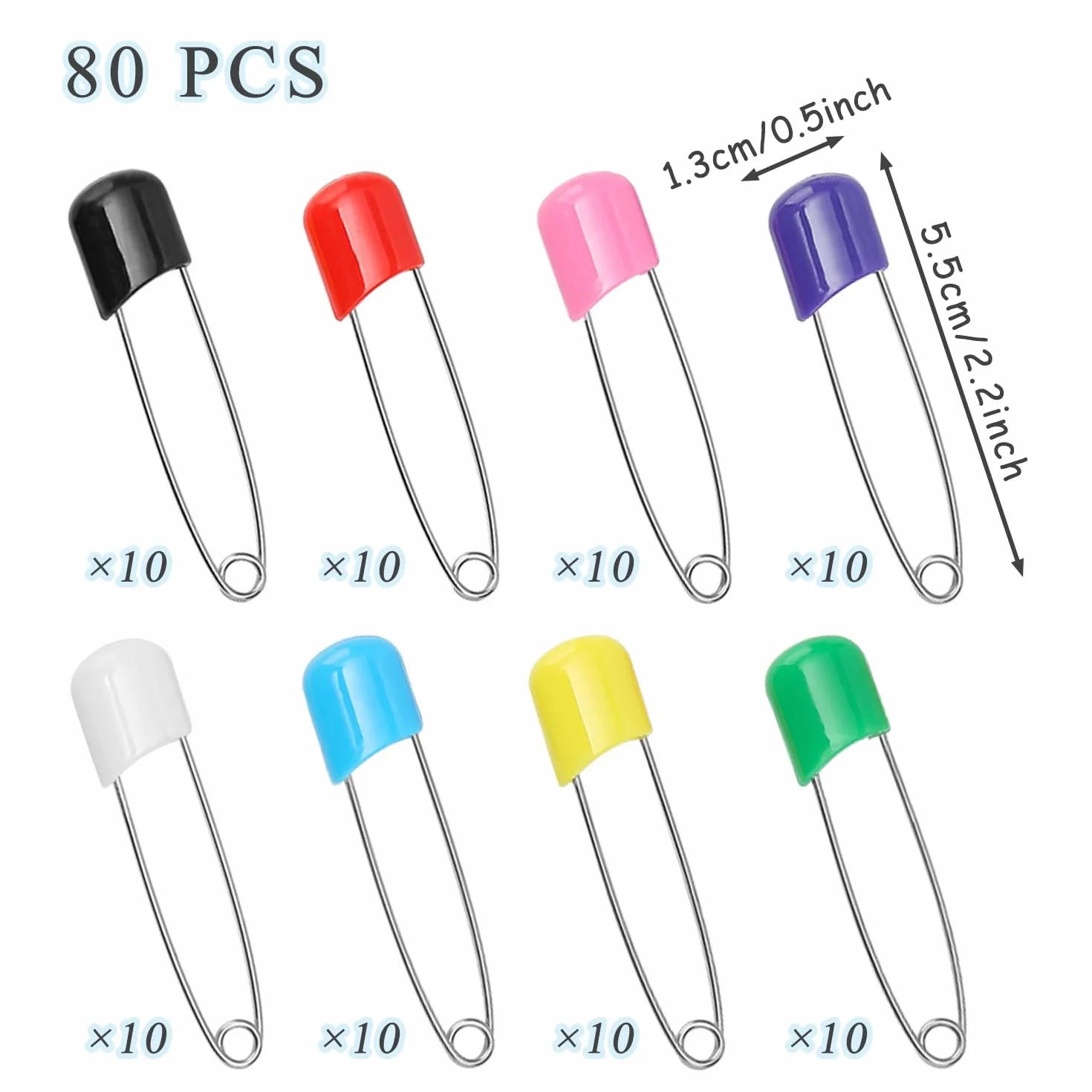 80 Stück Safety Pins, Bunte Windel Sicherheitsnadeln, 55 mm Windel Push-in Pins, Sicherheitssperre Edelstahl Kunststoff Kopf Sicherheitsnadeln, für Terry Quadrate, Flach und Prefold Windeln