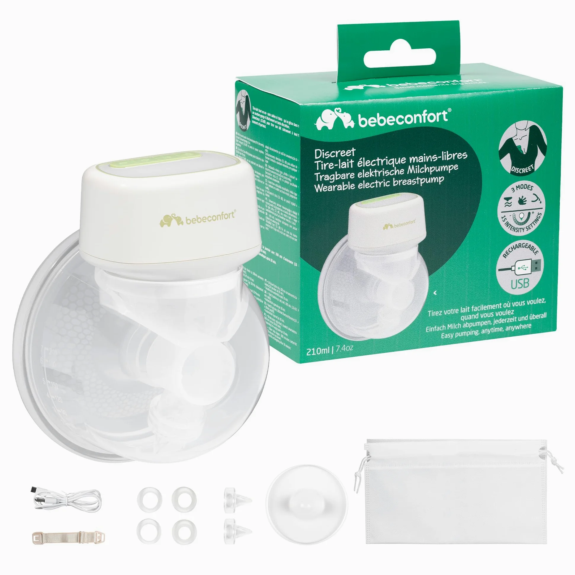 Bebeconfort Diskrete Milchpumpe Handsfree, freihändige Milchpumpe elektrisch, leises Abpumpen (51db), 3 Pumpmodi, 15 Saugstufen, langlebiger Akku, 210 ml großer Behälter