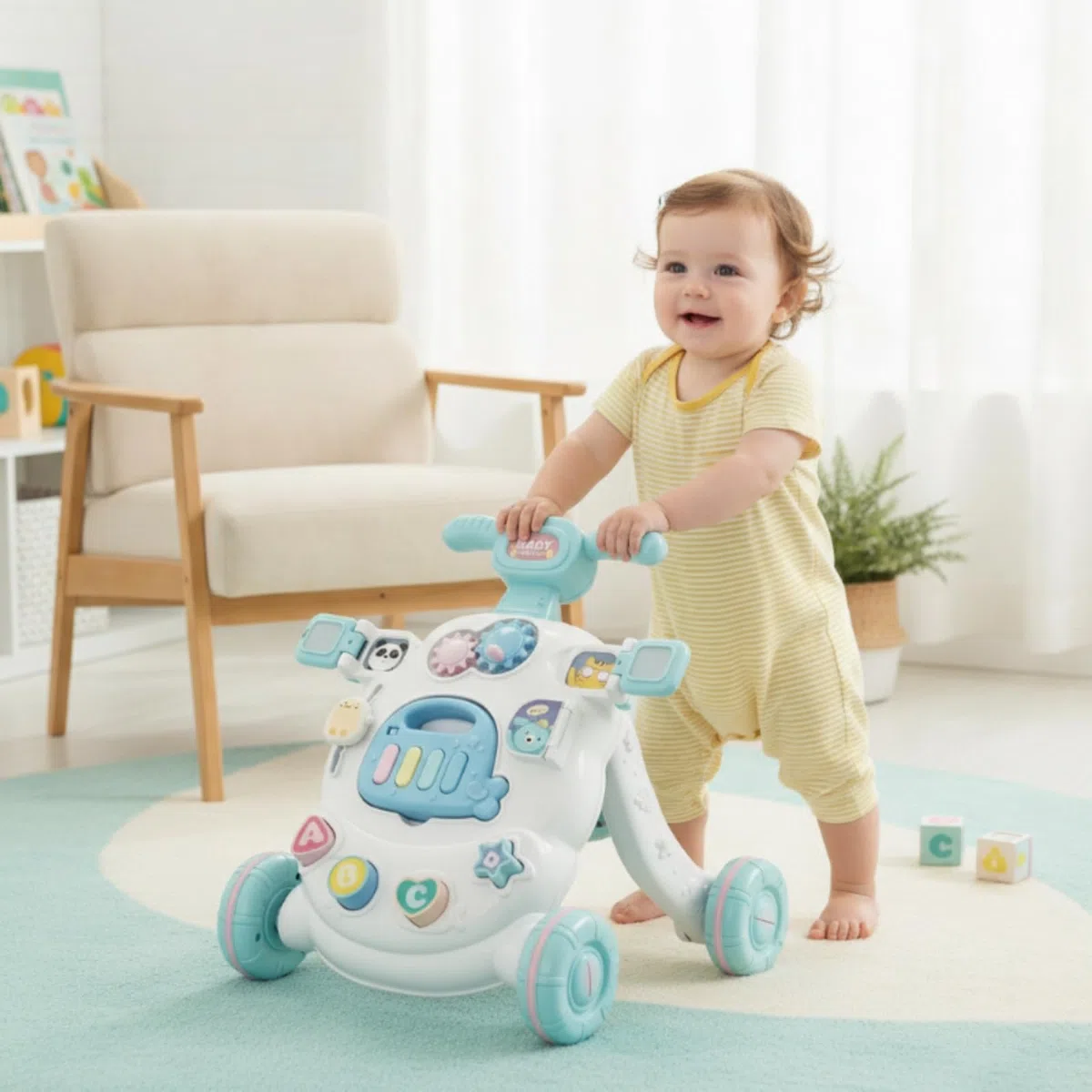kindlauflernwagen mit Spielbrett aktiv aktivitäts-lauflernhilfe multifunktional lauflernwagen für babys, zimmer, wohnbereich, Blue Basic Battery