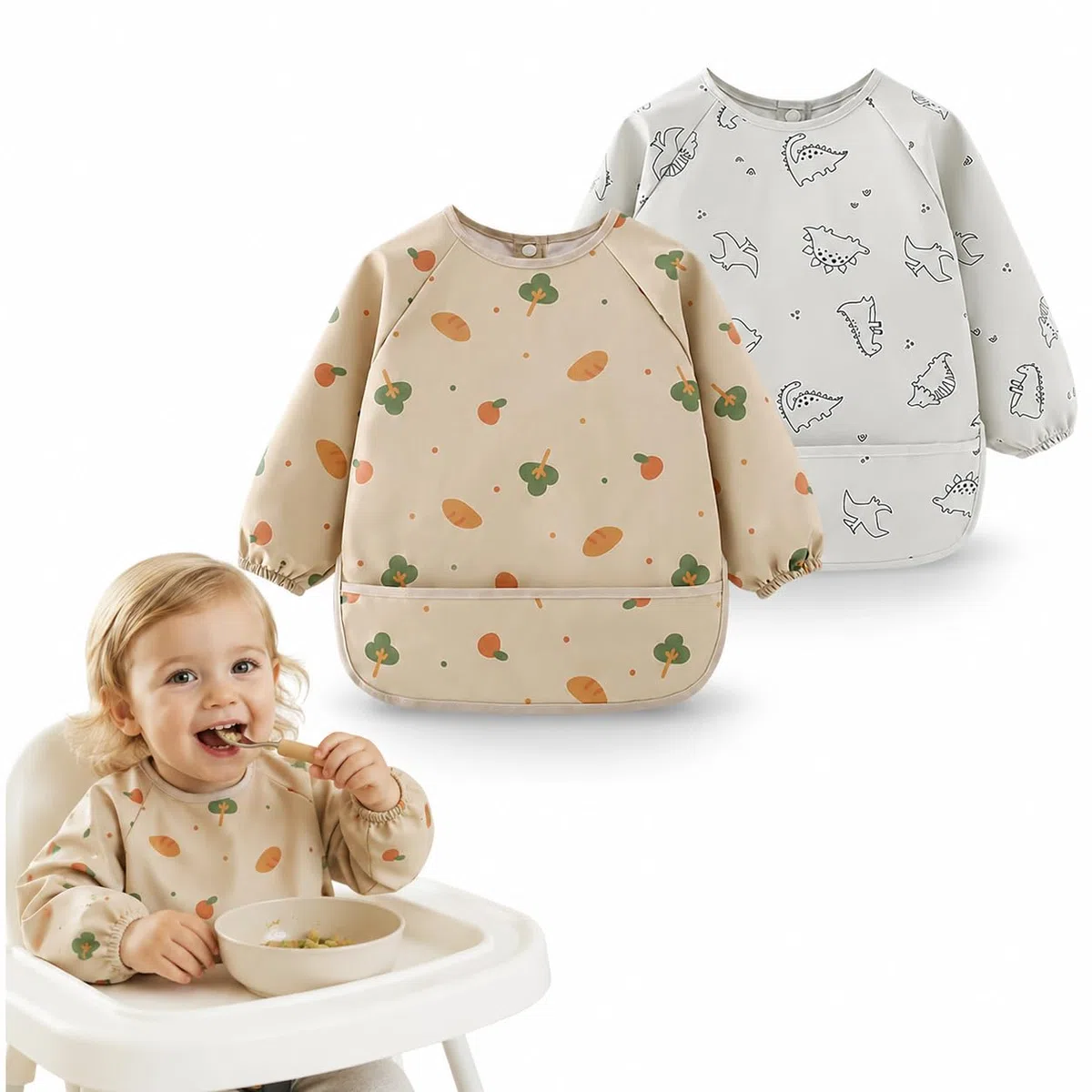 Baby Lätzchen mit Ärmeln & BLW, 2 Pcs PU Wasserdicht Abwaschbar Ärmellätzchen, Ganzkörper Lätzchen Baby für 6-36 Monate Jungen Mädchen (Dinosaur & Breadfruit)