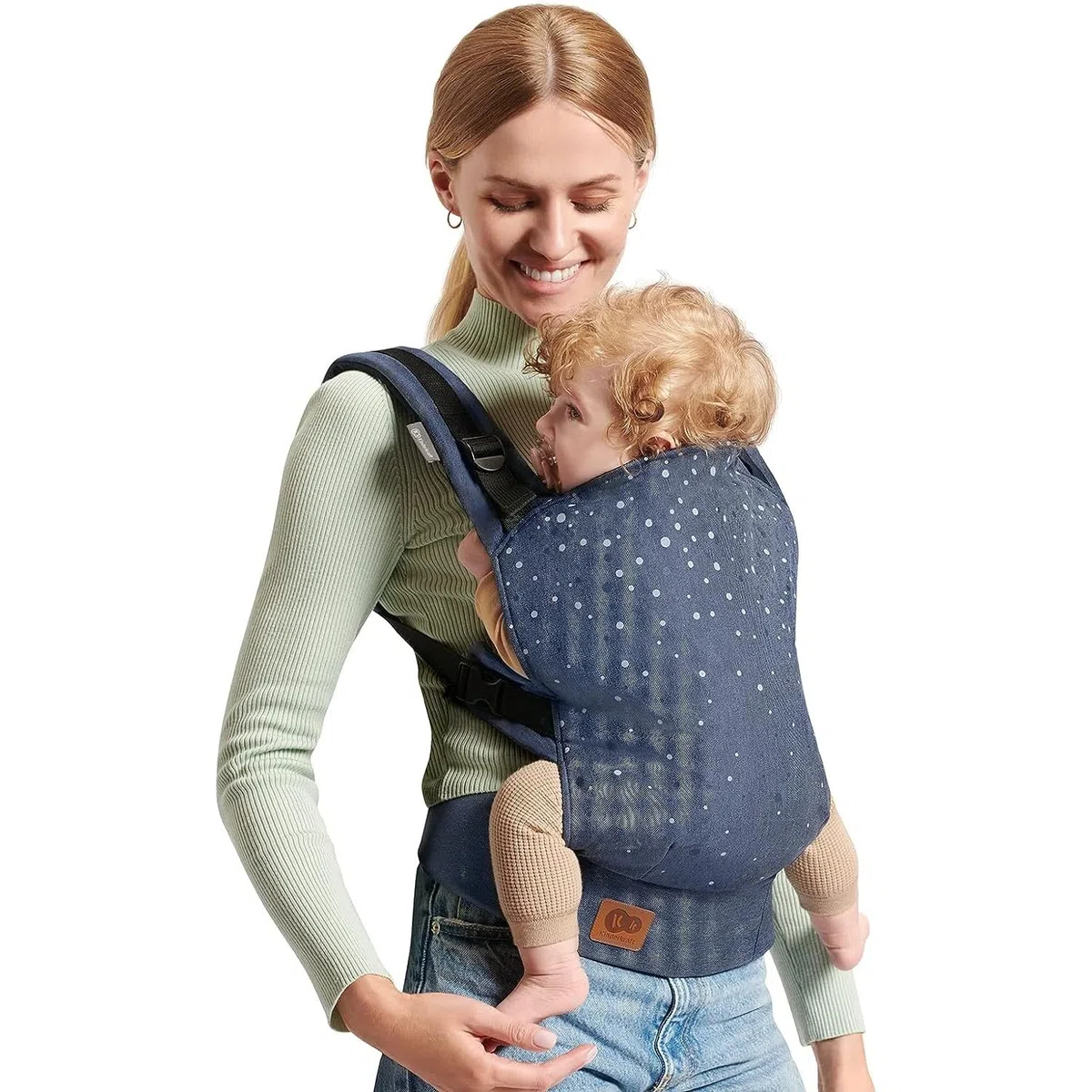 Kinderkraft Babytrage NINO CONFETTI, Rückentrage, Bauchtrage für Säuglinge und Kleinkinder, Baby Carrier, Kindertrage, Ergonomisch, aus Baumwolle, ab 3 Monate bis 20 kg, Blau