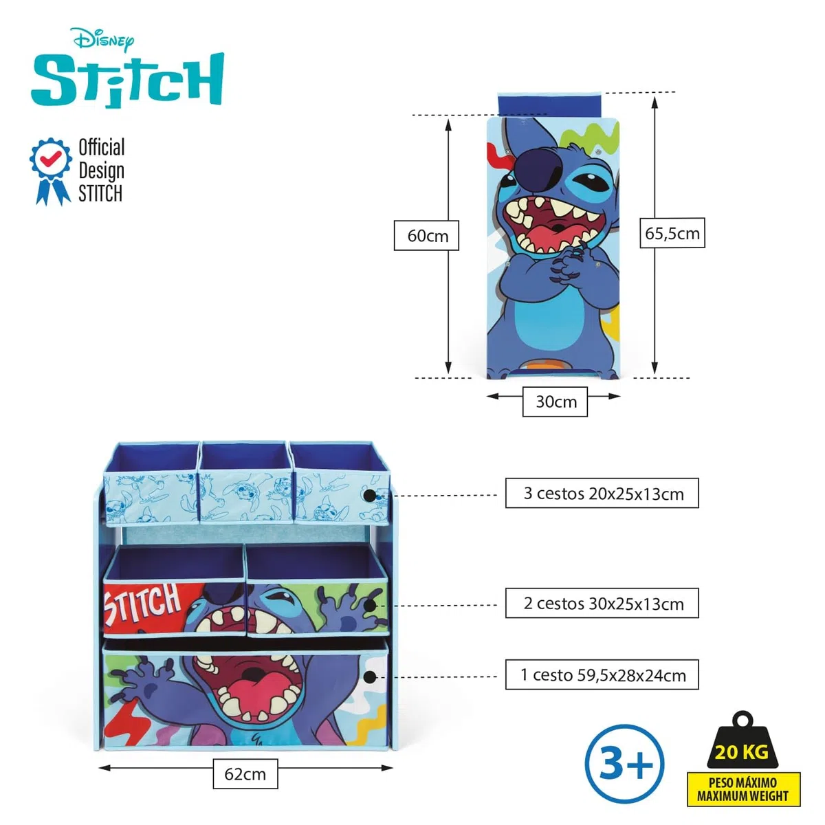 ARDITEX – Organizer aus Holz mit 6 Textilboxen mit Stitch-Motiv von Disney – 62x30x60 cm – Farbe Blau – Perfekt zum Aufbewahren von Spielzeug im Kinderzimmer