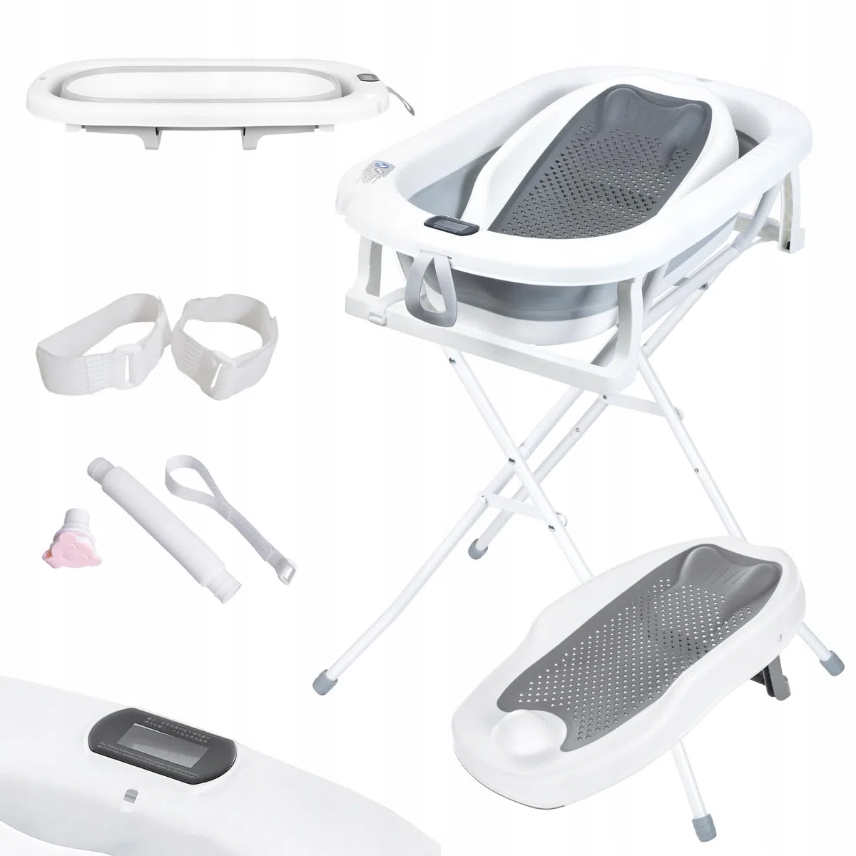 Primabobo Milo Faltbare Babybadewanne mit Gestell und Badesitz, Elektronischem LCD-Thermometer und Ablaufschlauch, Stabiles Bade-Set für Neugeborene und Babys, Grau