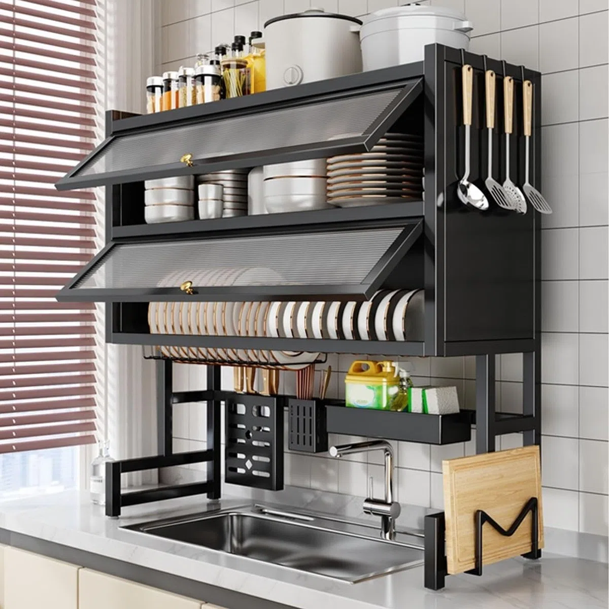 Platzsparender Geschirrabtropfständer über der Spüle mit Abdeckung, großer Abtropfständer für Geschirr, Gläser, Schalen, Besteck, hält die Küchenspüle organisiert(Black,105cm)