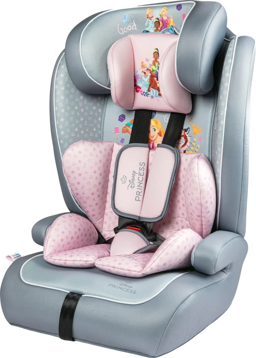 Disney Princesses I-Size R129 Autositz. Kindersitz mit einer Höhe von 76 bis 150 cm. Einstellbare Kopfstütze und Polsterung.