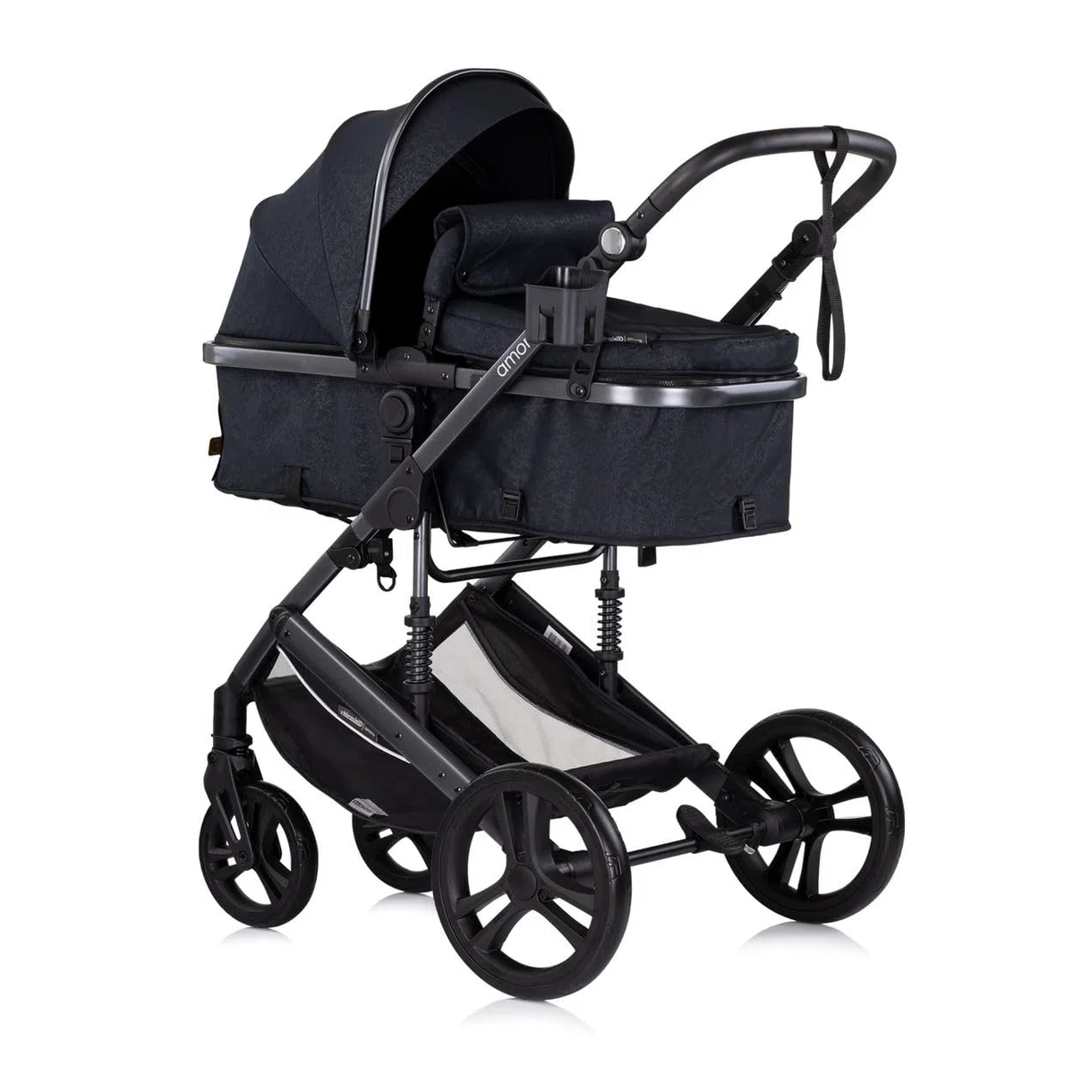 Chipolino Kinderwagen 2 in 1 Amore Getränkehalter Wickeltasche Fußabdeckung Korb schwarz gemustert