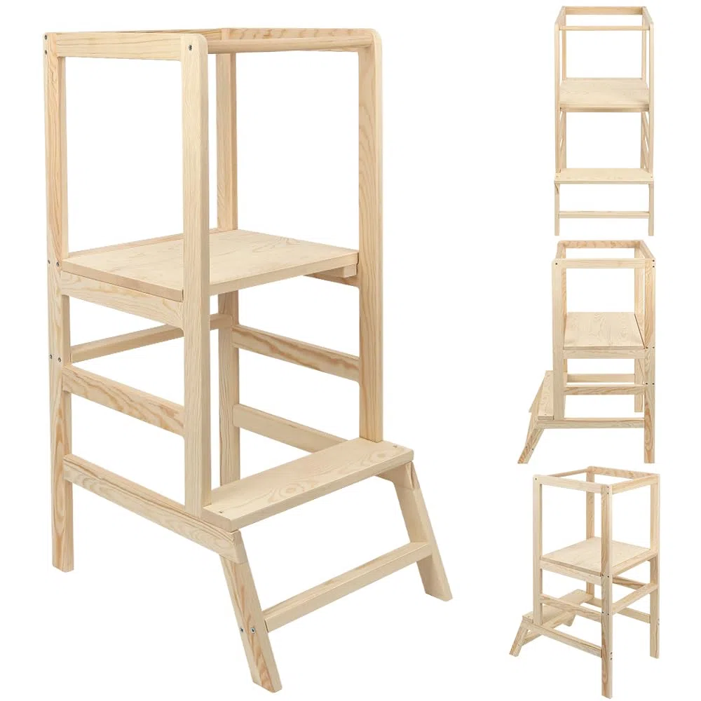 Homewell Höhenverstellbarer Lernturm ab 1 Jahr, Learning Tower, Montessori-Methode, Massiv Montessori Lernturm Kinder aus Holz, Stabil Robust, 39 * 52 * 90 cm