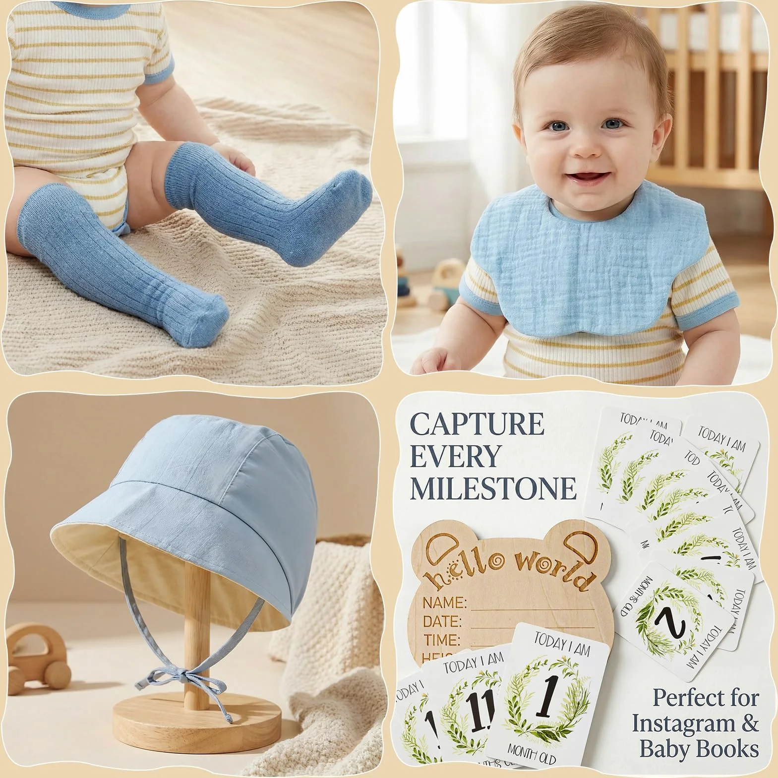Baby Geschenkset Neugeborenen Geschenke zur Geburt Jungen mit Bambuskorb, Baby Strampler, Elefanten Kuscheltier, Mulltuch, Lätzchen, Mütze, Socken, Baby Essentials Baby Shower Geschenk (Bambuskorb)