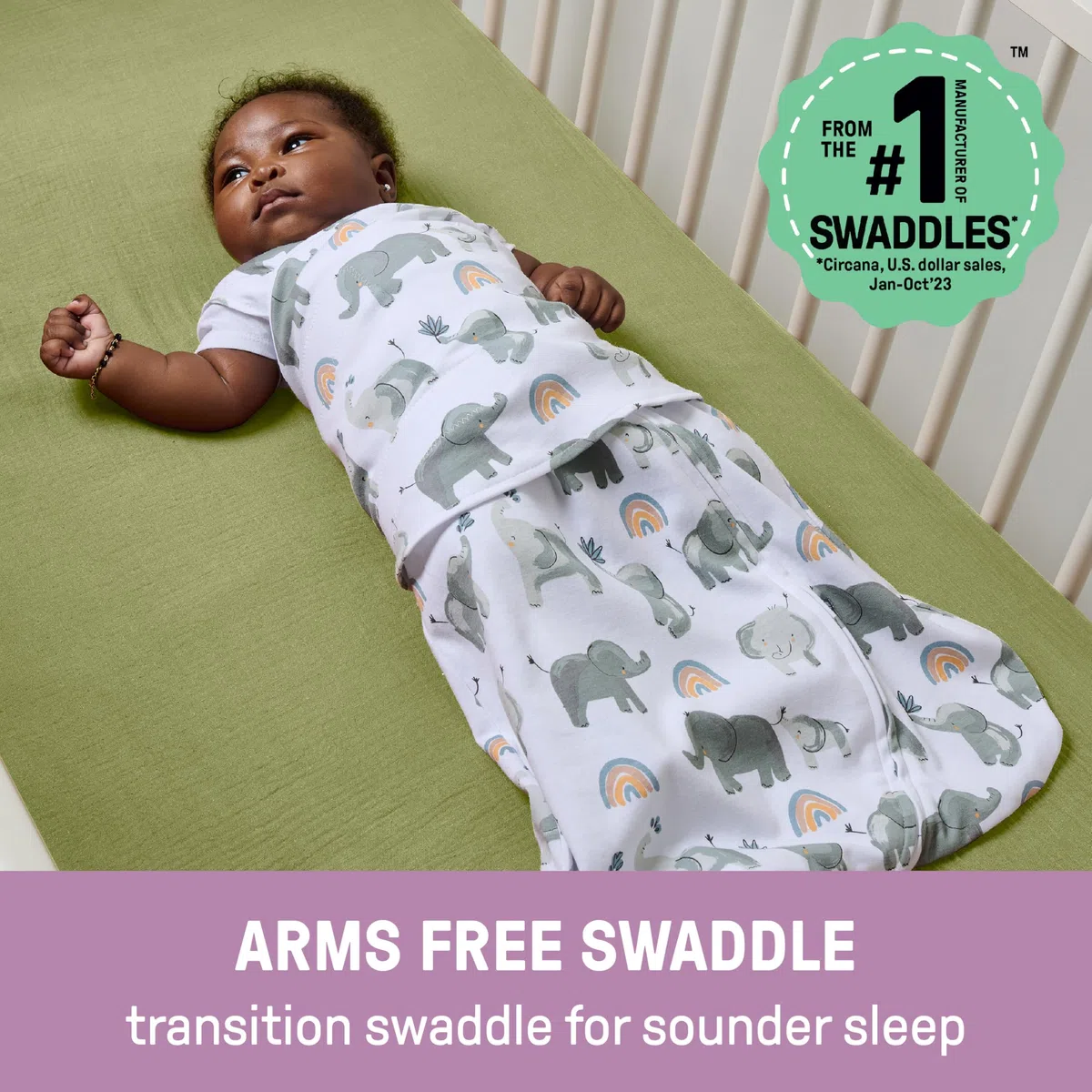 Ingenuity SwaddleMe Arms Free Umwandelbarer Baby Pucksack, Größe 3-6 Monate, 6,4-8,2 kg, Ärmchen gepuckt oder frei, 1,0 TOG - Happy Elephant