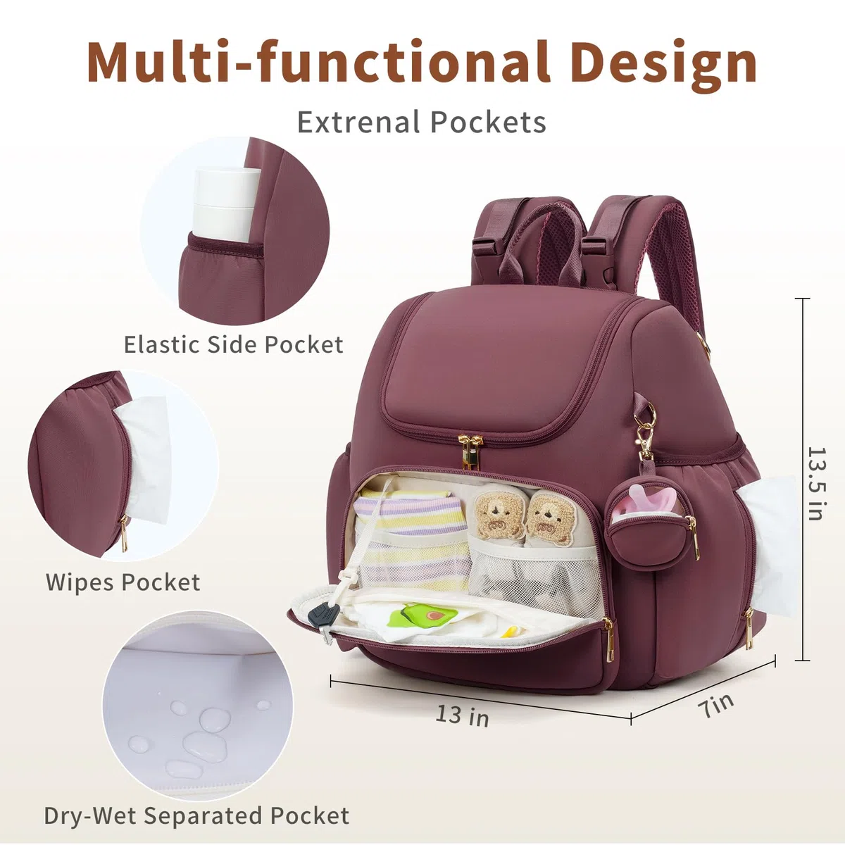 CEI-CEI Neopren-Wickeltasche, Rucksack, stilvolle Baby-Umstandstasche, Reisetasche für Mutter, mit isolierten Taschen