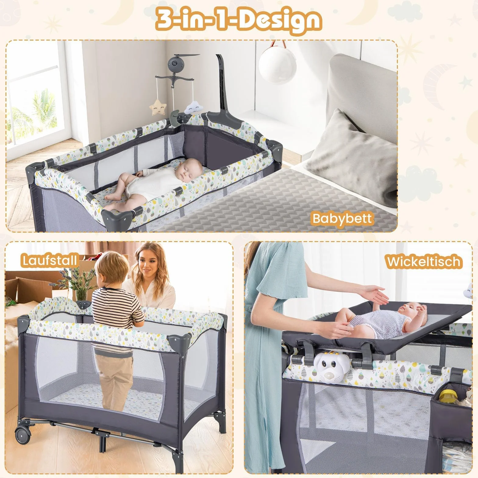 COSTWAY 3 in 1 Beistellbett klappbar, Reisebett mit Matratze, Hängespielzeug, Spieluhr, Wickeltisch & Tragetasche, 2 Ebene Babybett mit Rollen für Baby bis 36 Monaten (Beige)
