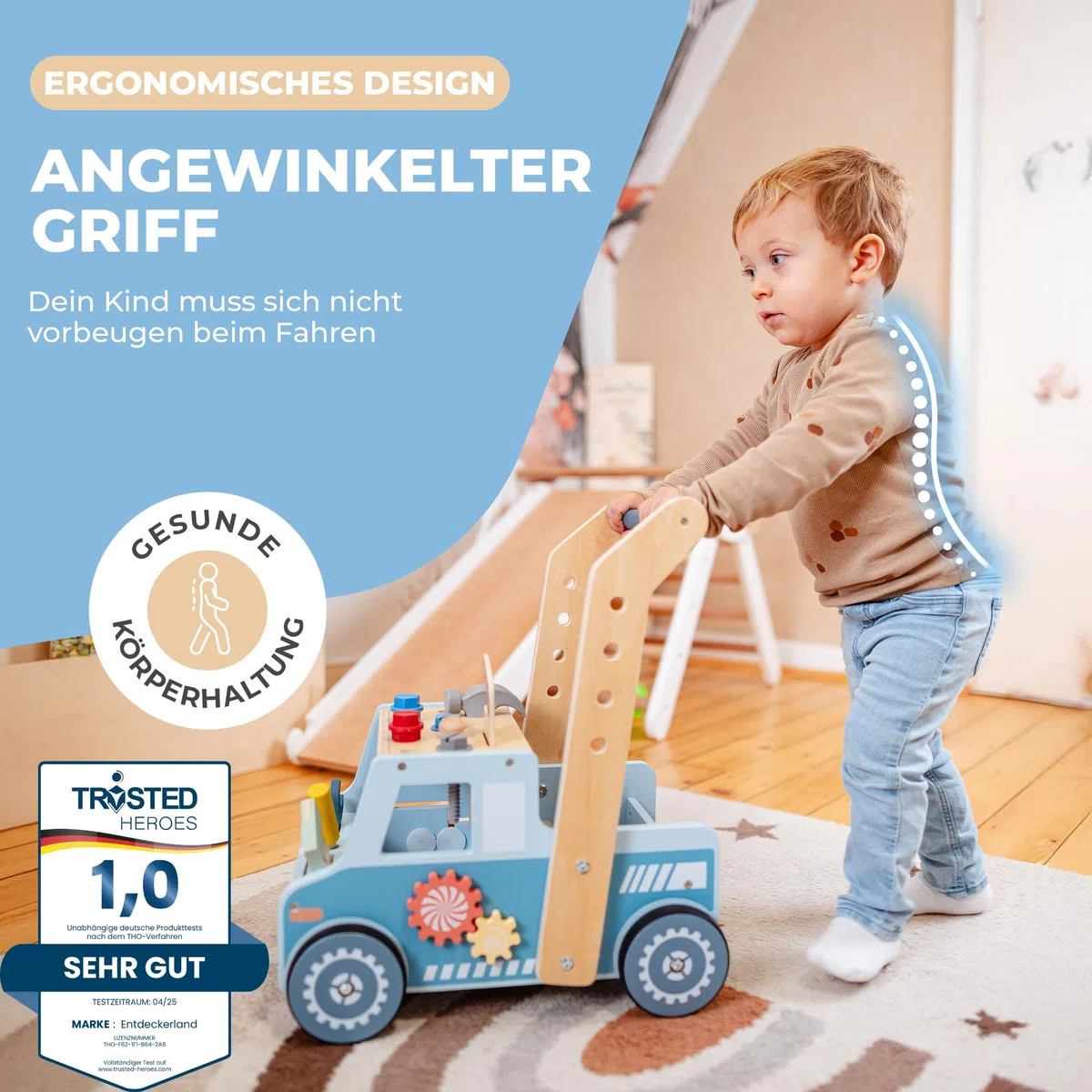 Lauflernwagen aus Holz – Stabiler Schiebewagen mit gebogenem Griff – Motorikspielzeug für Jungen & Mädchen – Montessori Spielzeug ab 1 Jahr - 3 in 1 Walker