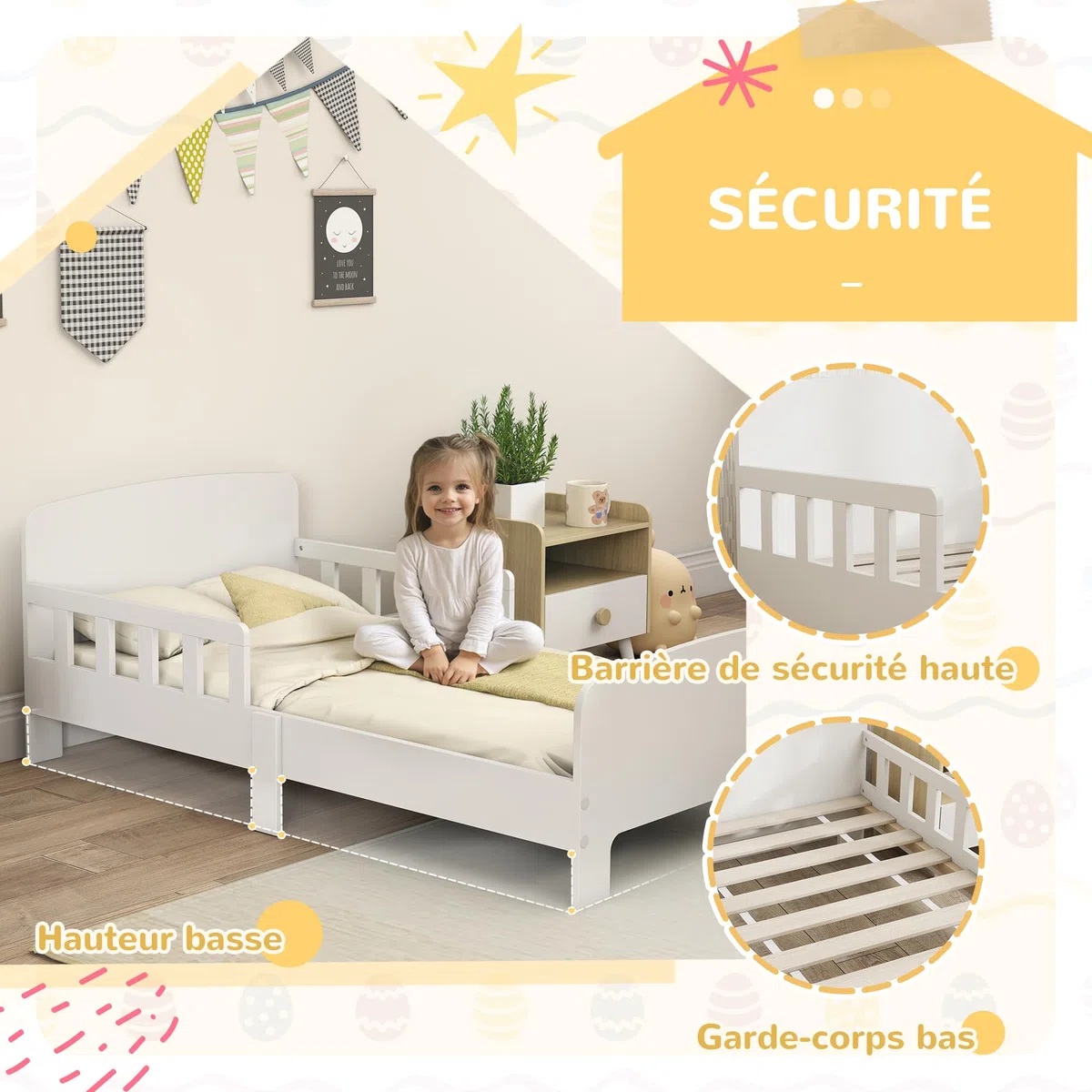 AIYAPLAY Kinderbett, Kinderbodenbett mit hohen Sicherheitsgittern, Lattenrost und stabilem Rahmen, für Mädchen und Jungen von 3 bis 8 Jahren, geeignet für Matratzen 140 x 70 cm, weiß