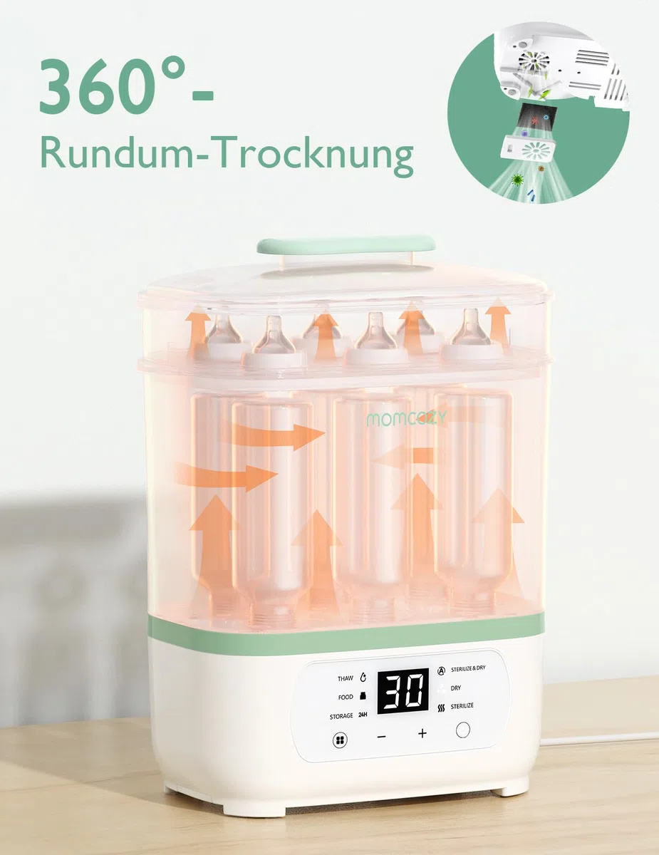 Momcozy Elektrischer Dampfsterilisator für Babyflaschen – 3-in-1 Dampfreinigung, Trocknet & Heizt, 8 Flaschen Kapazität aller Marken, Automatische 30 Min Schnelltrocknung für Schnuller & Spielzeug