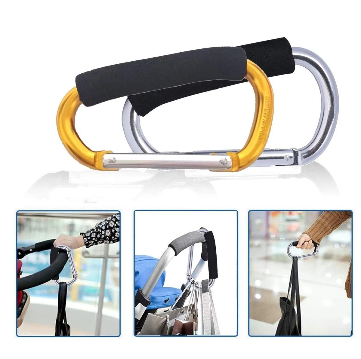 Große Kinderwagenhaken für Mommy, 2 Stück Karabiner Kinderwagen Haken Organizer für hängende Geldbörsen, Windeltasche, Einkaufstaschen. Clip für Einzel- / Doppel-Reisesysteme, Autositze